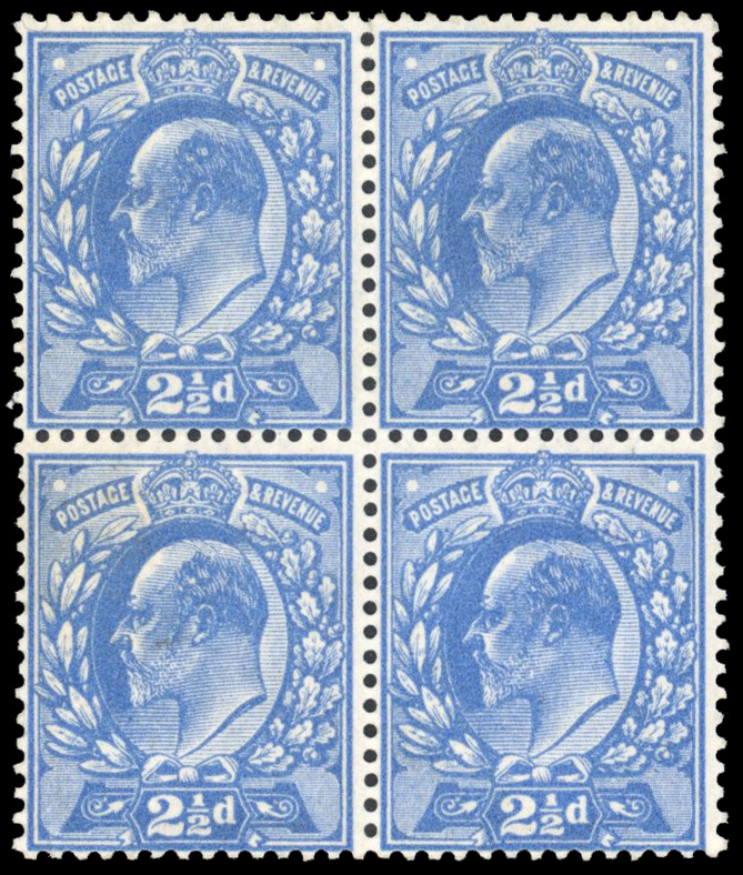 GB SG 276wi 1911 2½d bright blue block of 4 watermark inverted mint