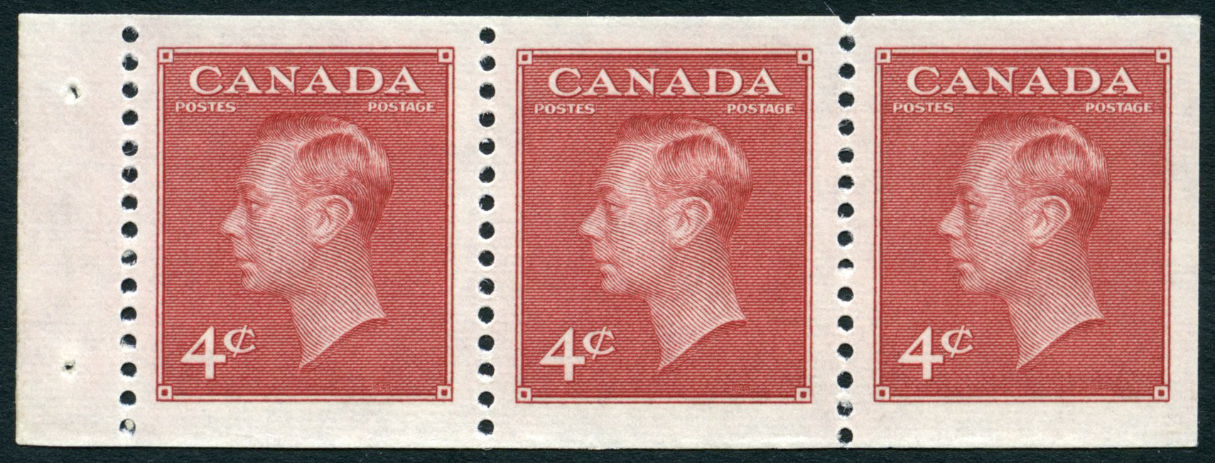 1949-51 4c carmine-lake booklet pane of three, u/m. SG 423ba, cat...