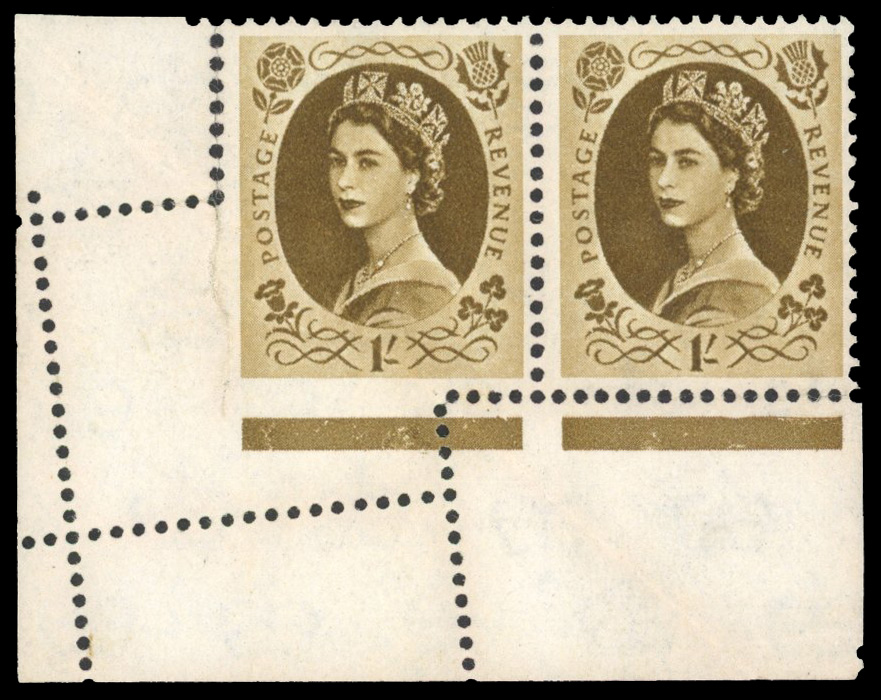 GB: 1958 Multiple Crowns 1s bistre-brown on cream paper, mint unmounted, lower left corner pair showing spectacular fold over