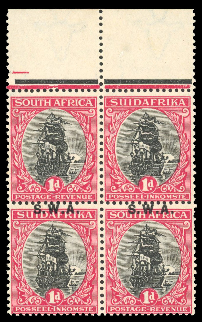 South West Africa SG 59c 1927 1d block with/without overprint mint
