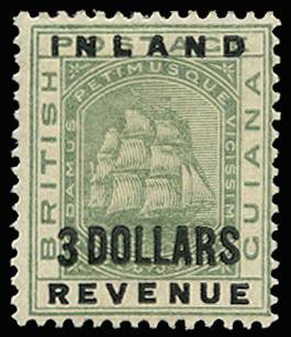 BRITISH GUIANA SG 187 1888-89 $3 GREEN LPOG