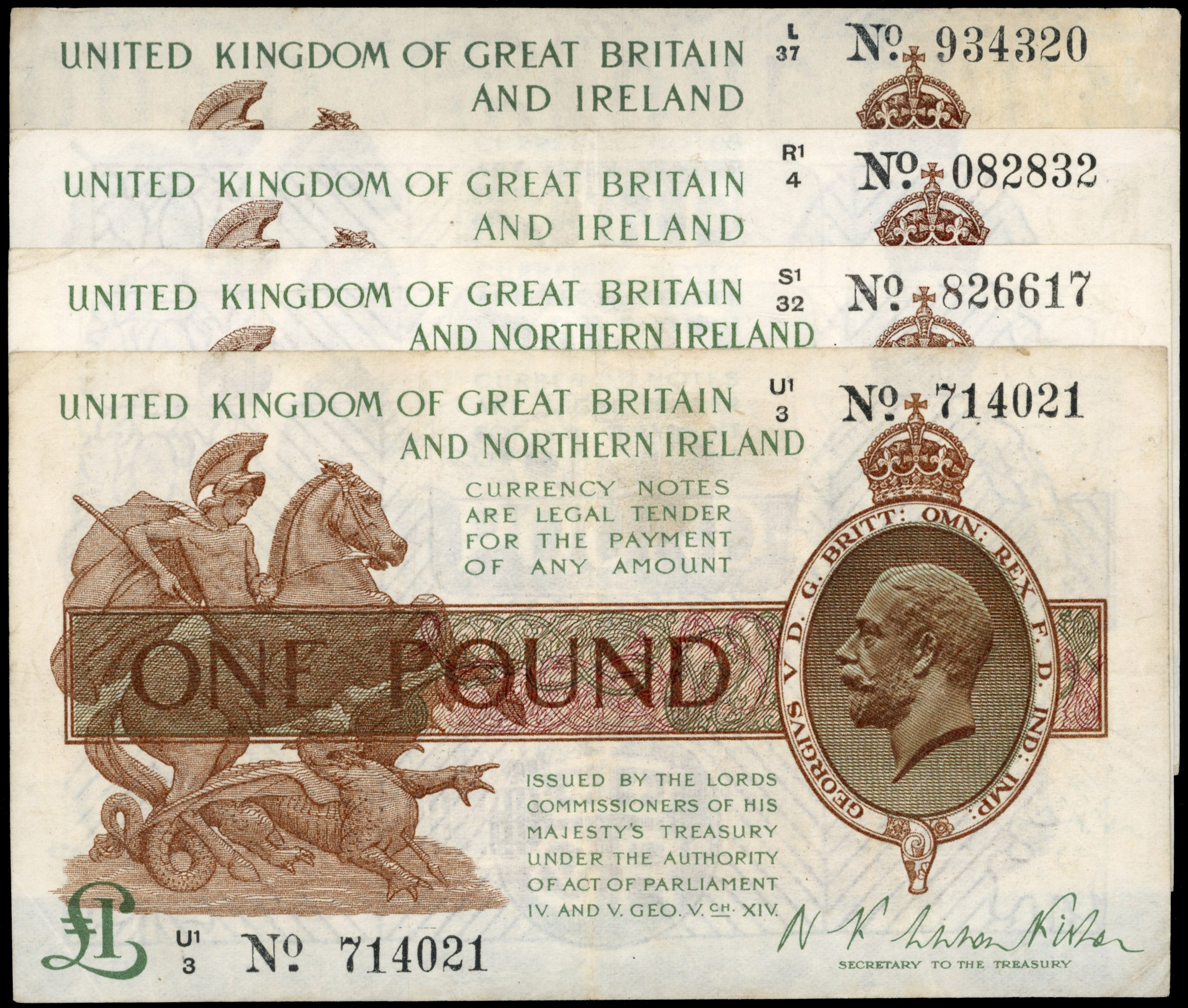 Treasury, N F Warren-Fisher, (first issue), One Pound, Sept. 1919, L/37 934320; R/93 626786; S1/32 826617; U1/…