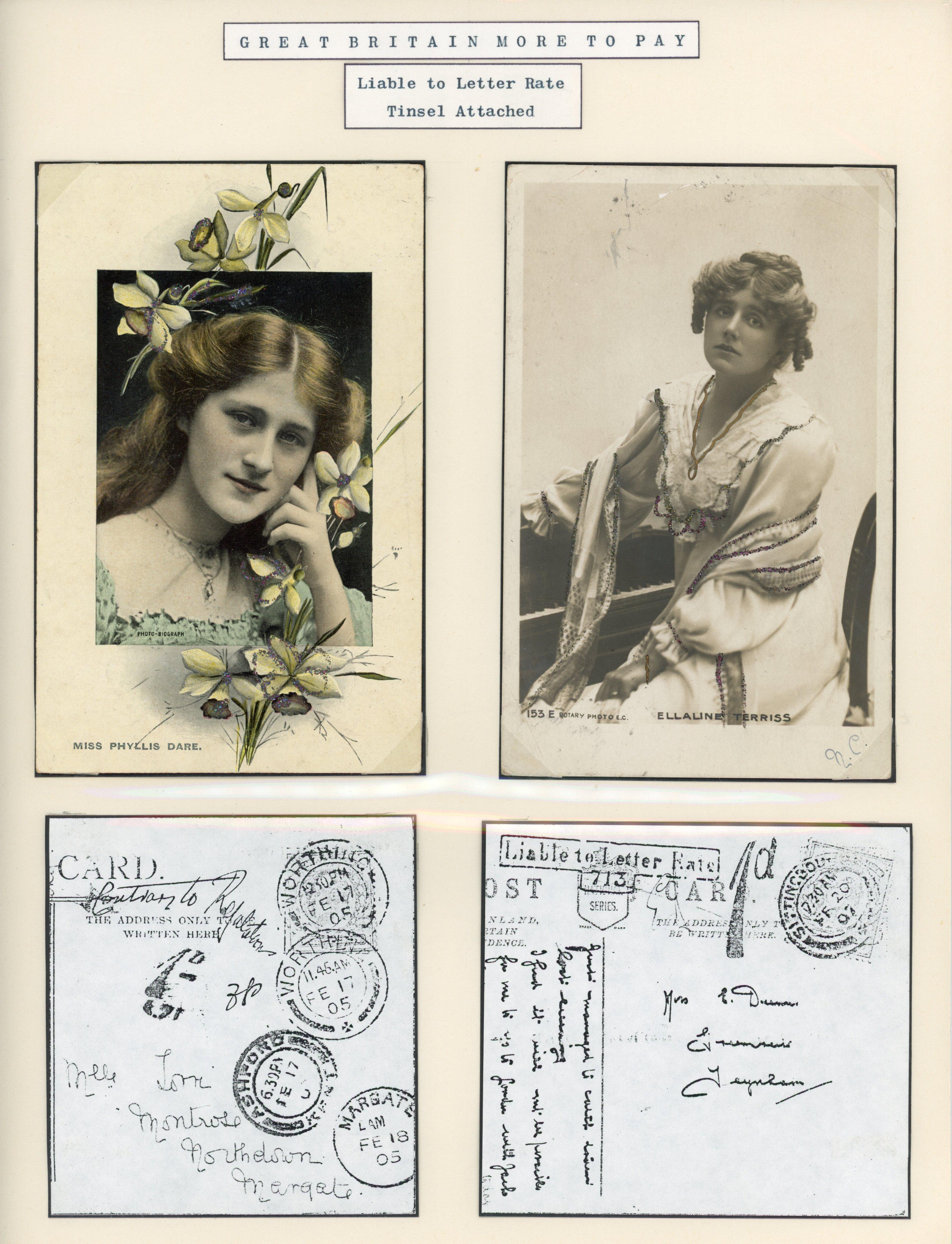Great Britain 1905-07 pair of novelty postcards of actresses with glitter