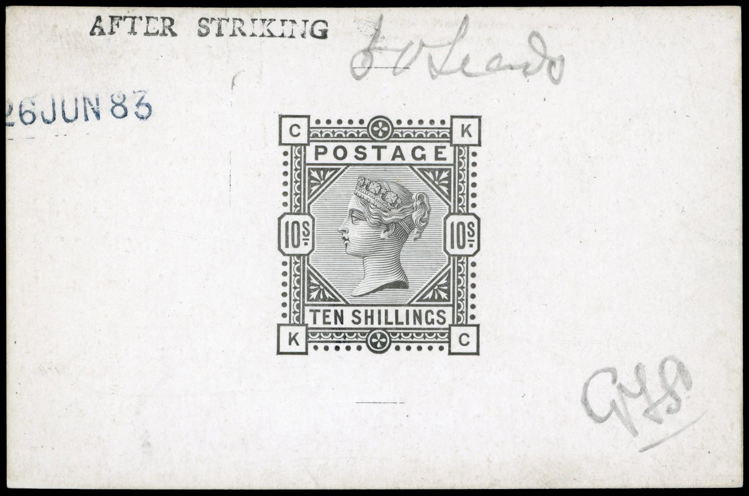 GB 1883-84 10s (KC) die proof, printed in black, For SG 177