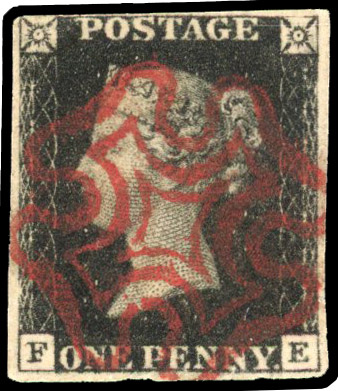 GB: 1840 1d black, Plate 5 (FE) four margins, neat central MC in red SG 2 