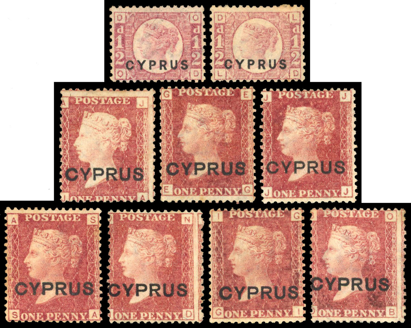1880 selection including ½d plate 15 (2), and 1880 1d red examples from seven different plates, fair to fine o.g. SG 1, 2