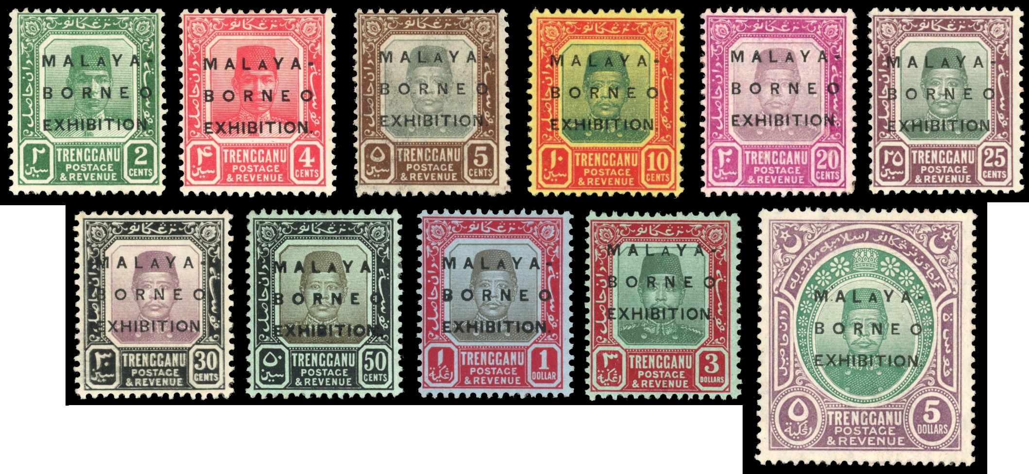 Malaya Trengganu SG 48d-58d 1922 Malaya-Borneo set each with small second A in MALAYA mint