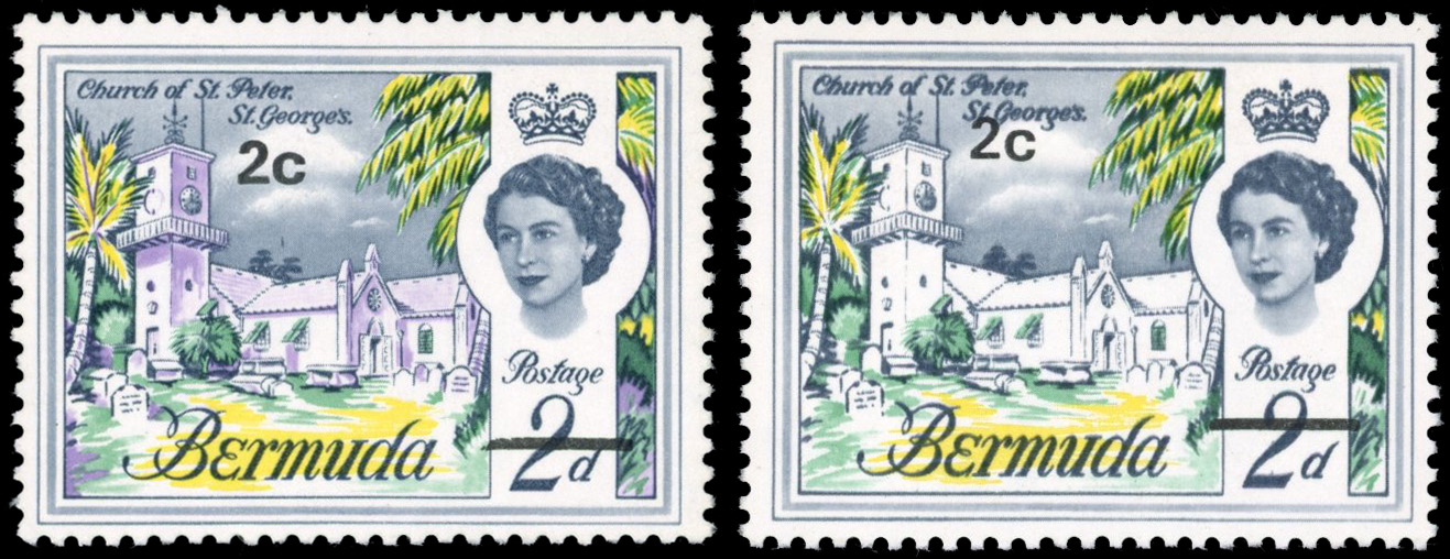 Bermuda SG 233a 1970 2c on 2d lilac omitted mint