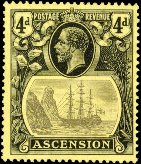 Ascension 1924-33 4d broken mainmast variety SG 15a mint