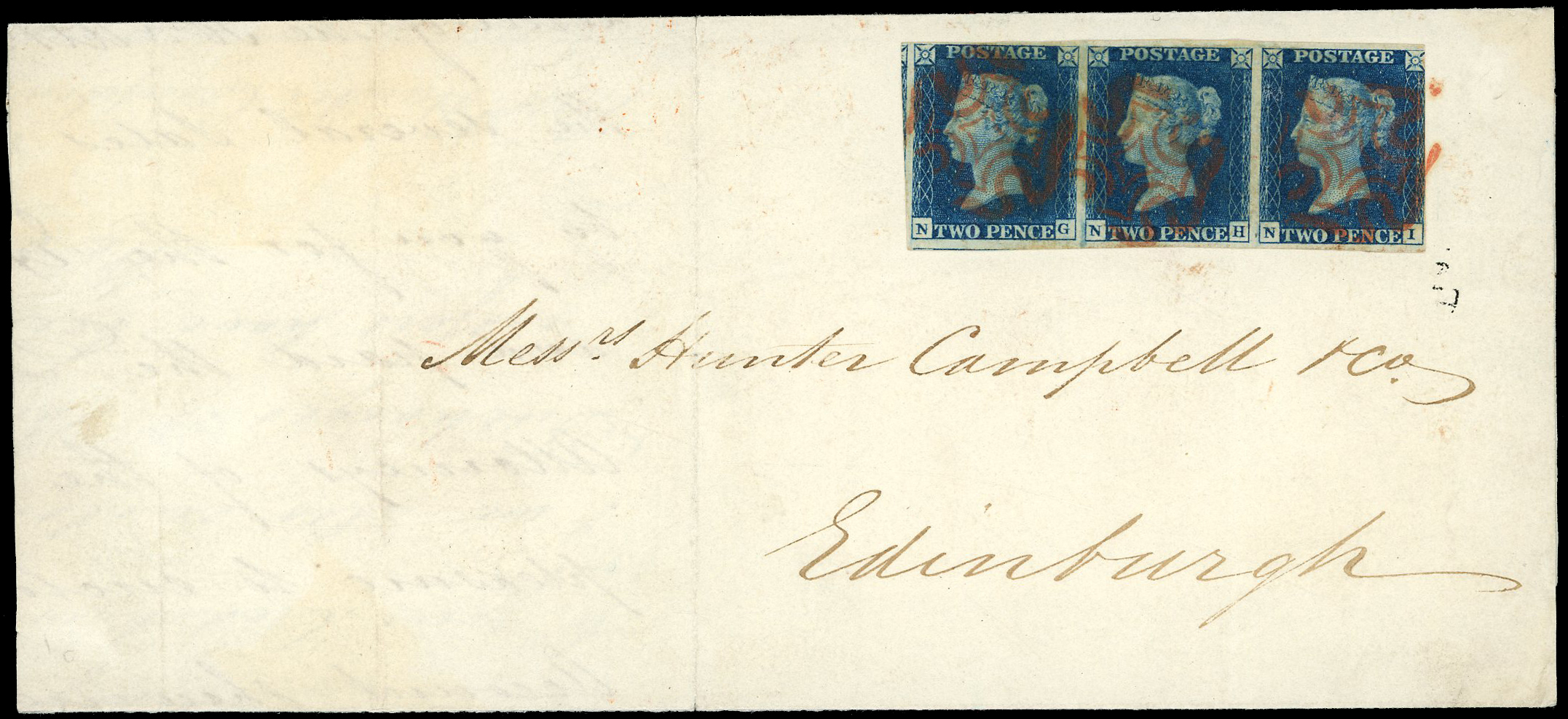 1840 2d Deep blue Pl.2 entire Strip of three red MC's (NG-NI)