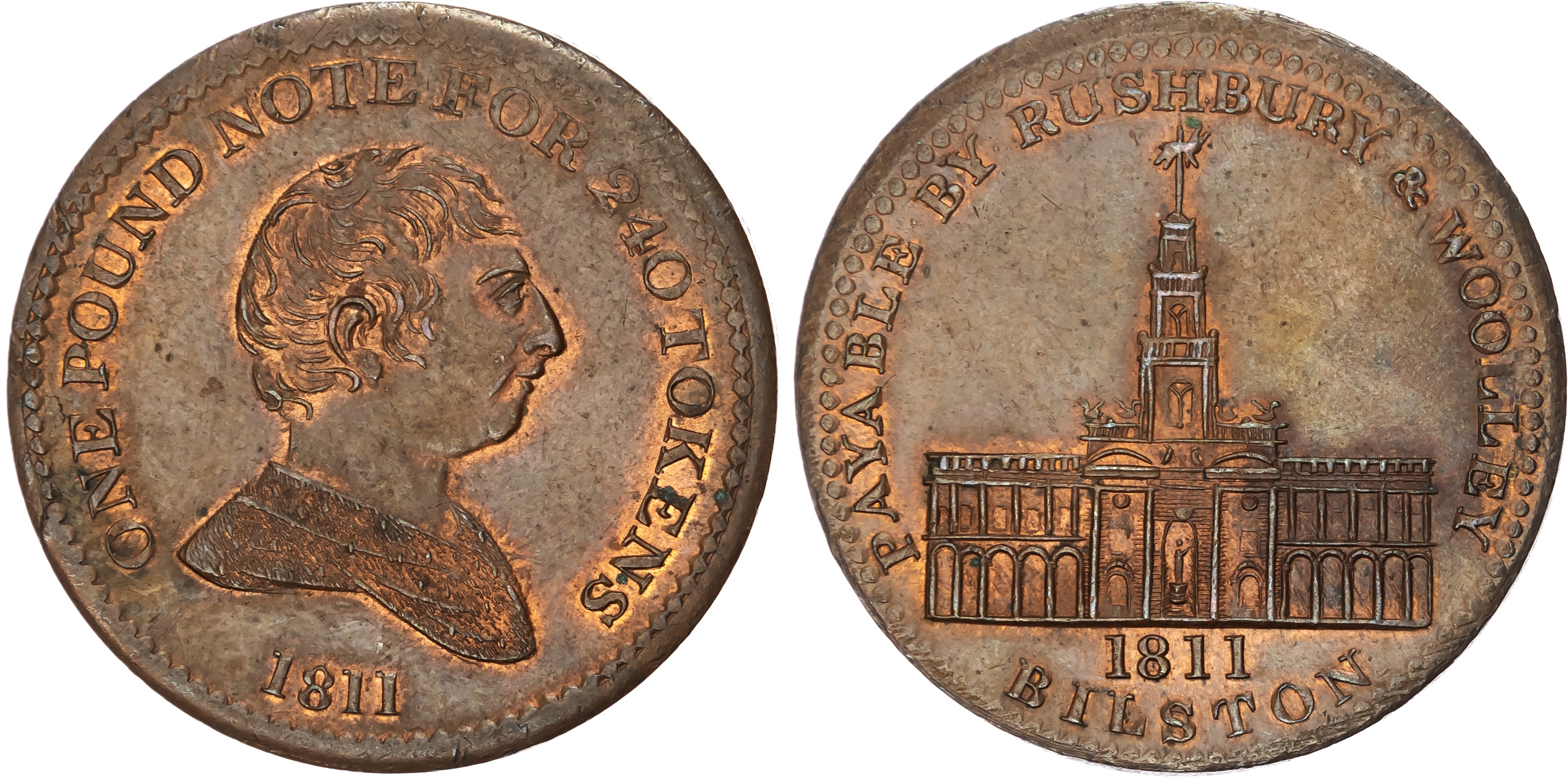 BILSTON, Staffs . Rushbury & Wooley (screw, lock and buckle manufacturers, plus bankers) Penny 1811, Draped bu…