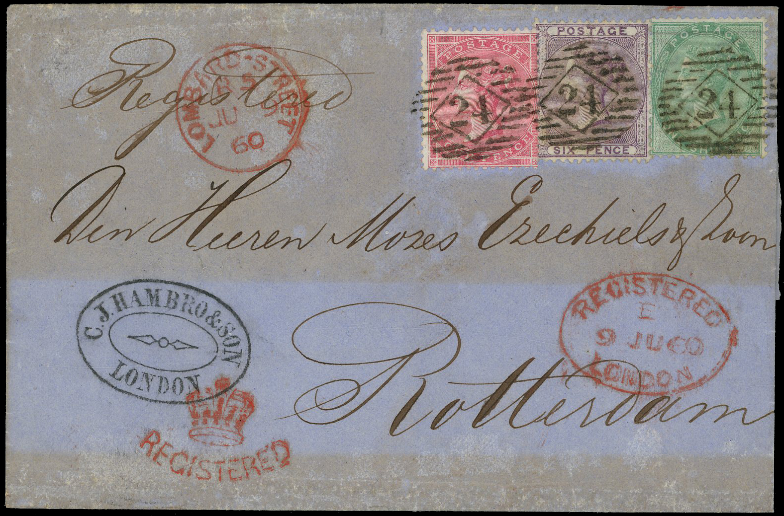 1860 Registered Mail. Fine wrapper from London to Rotterdam