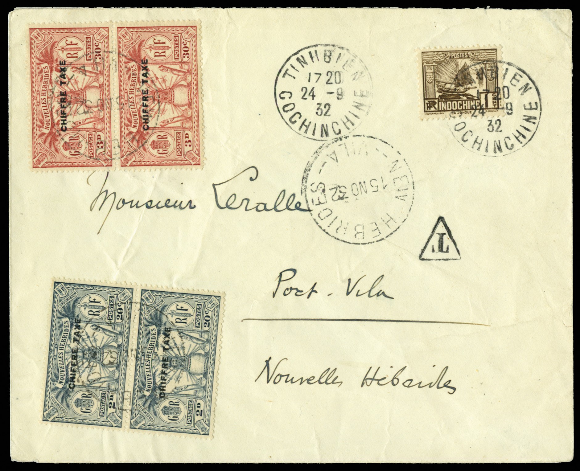 1932 (15 NO) incoming cover from Indochina, underfranked...