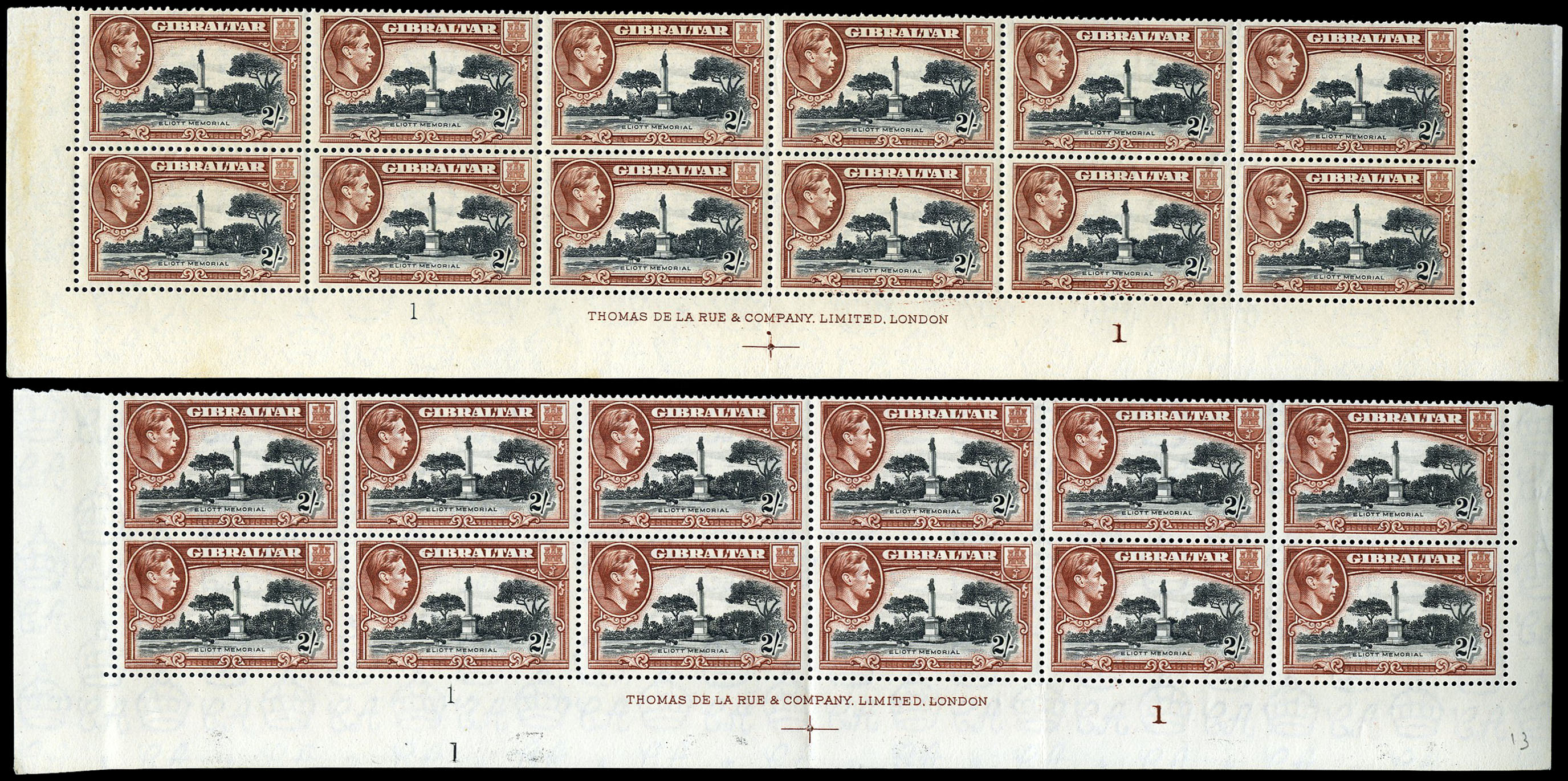 1942-51 2/- perf 13 mint bottom two rows of...