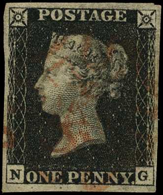 1840 1d black, plate 4 (NG) 4 margins, light...