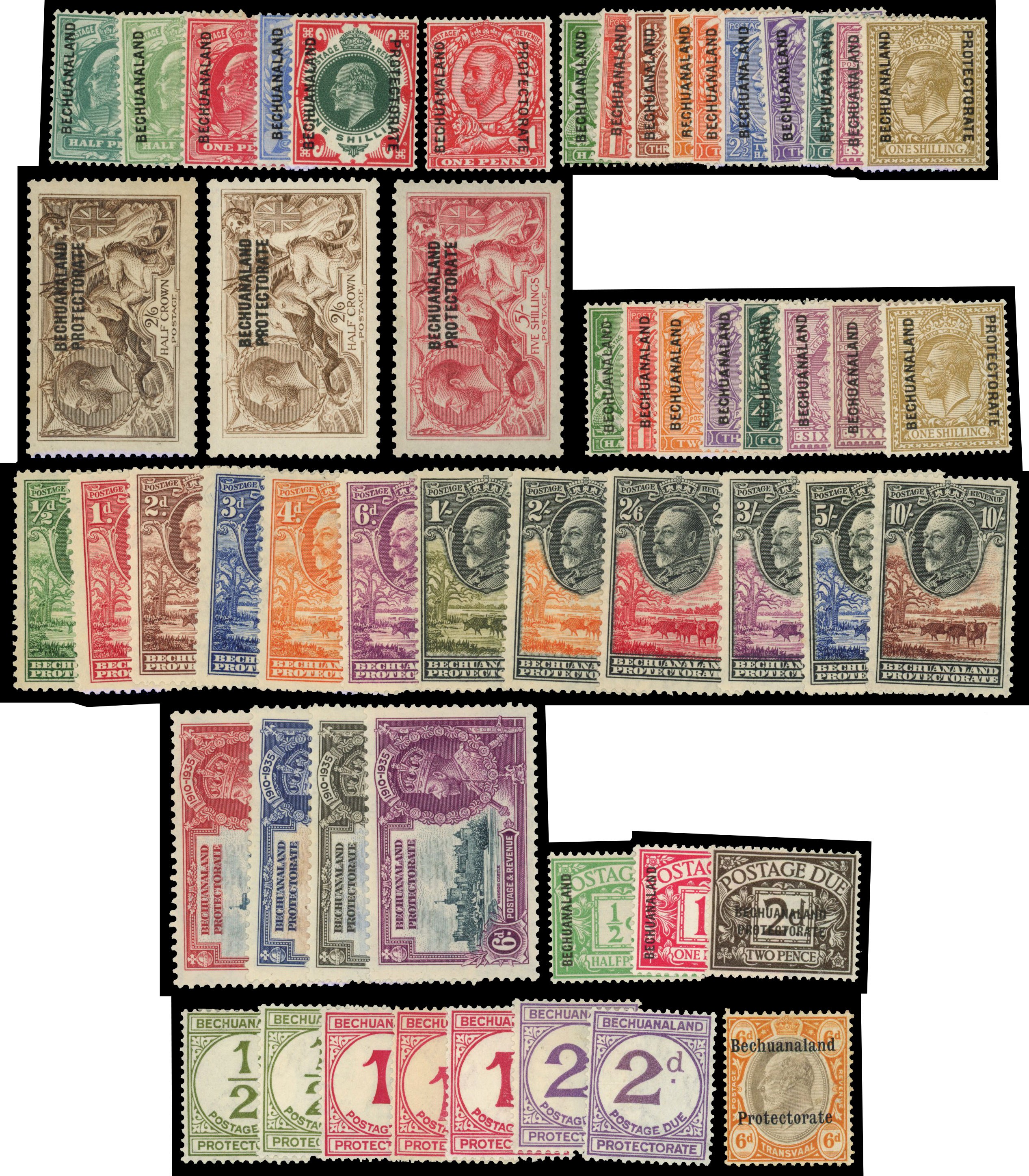 Bechuanaland: Mint on card including 1904 to 1s, 1913 to 1s, 2s6d (2) and 5s seahorses, 1925 to 1s, 1932 to 10s, 1935 Silver