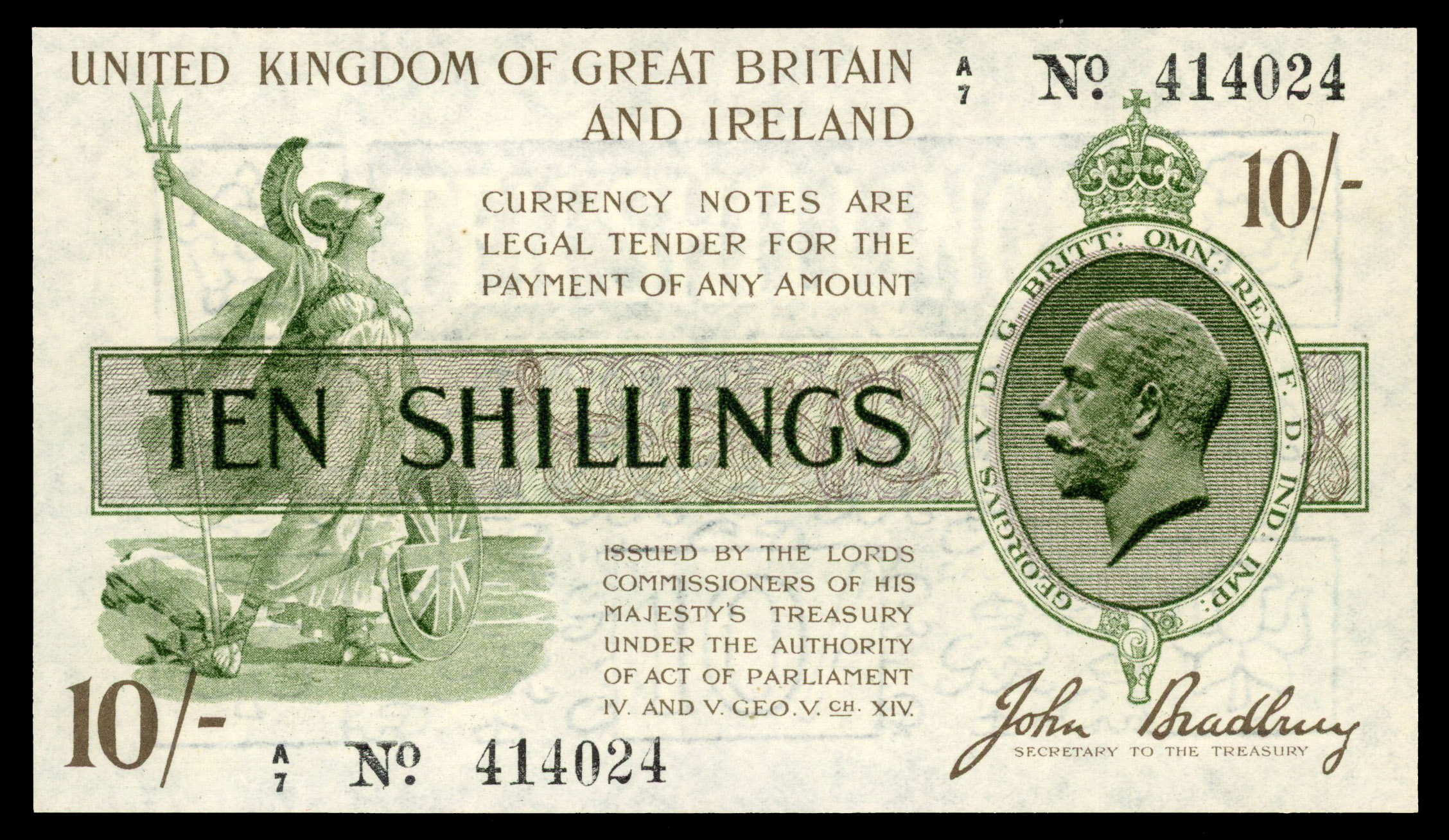 Treasury, J. Bradbury, Ten Shillings, 1918‑19, A/7 414024.