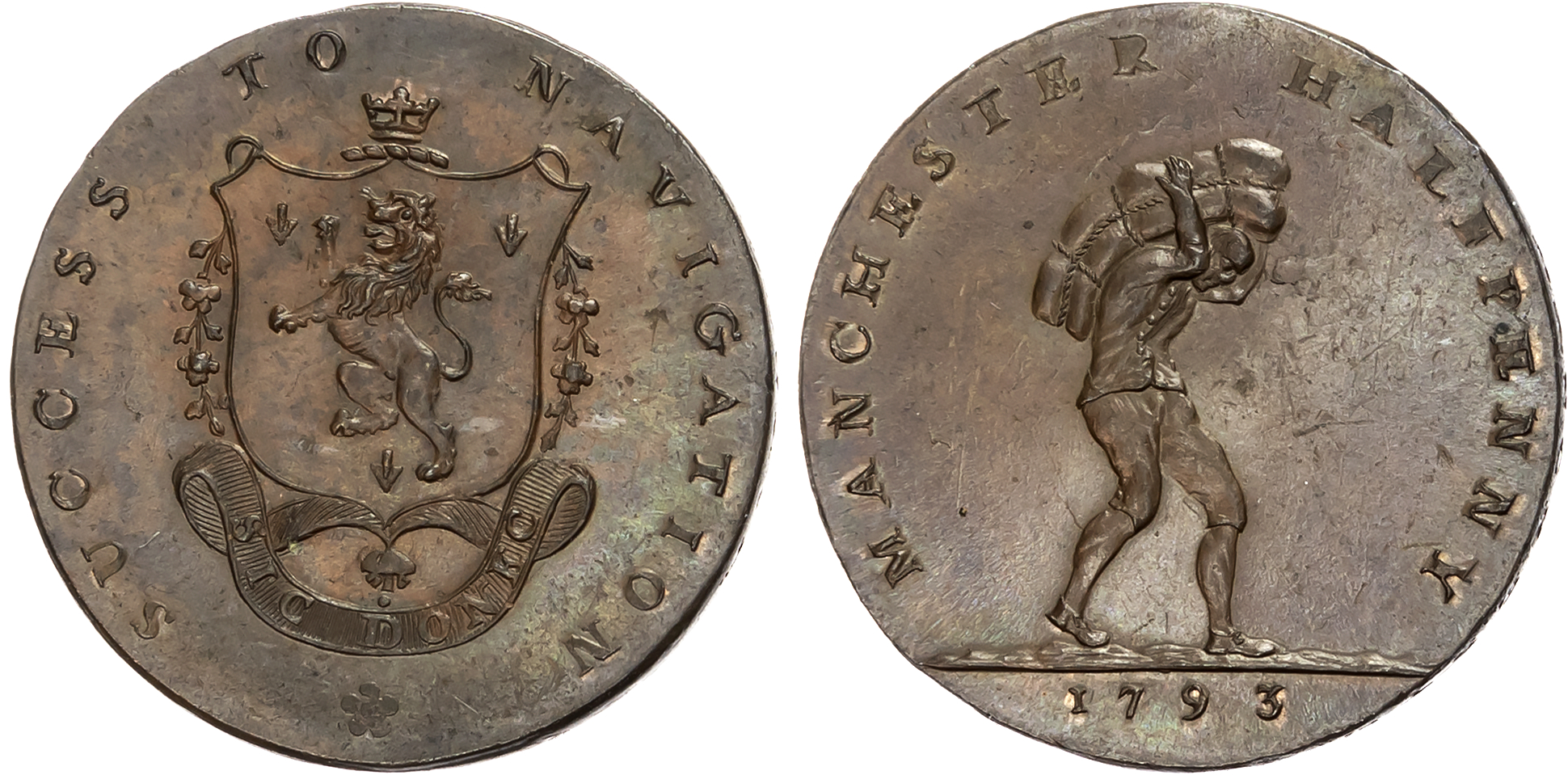 Lancs. Manchester , John Fielding Halfpenny 1793, Porter carrying cotton bale rev. Bridgewater Arms (rampant lion l.), e …