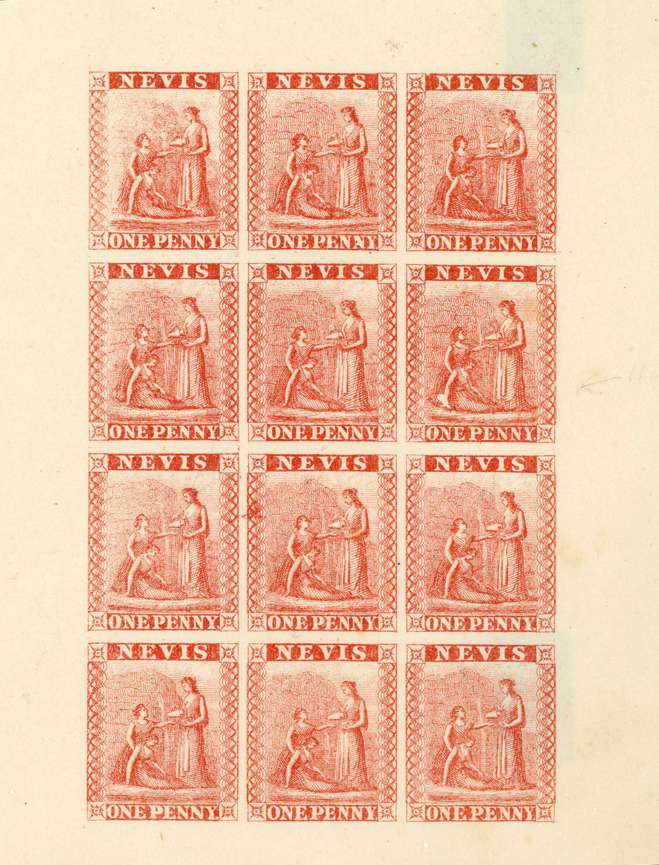 Nevis SG 15 Colour Proof sheets in dull red