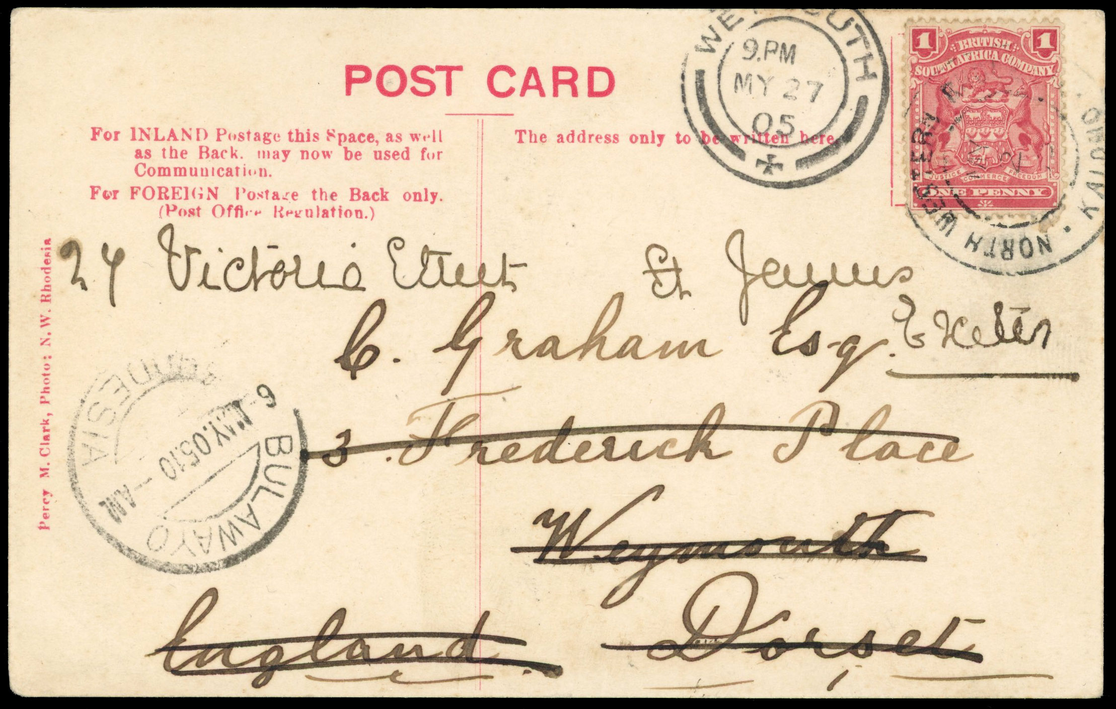 Rhodesia 1905 ppc to Weymouth, Kalomo CDS