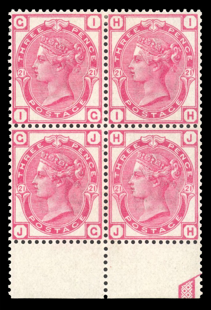 SG 158 1880-83 3d rose Plate 21 block mint