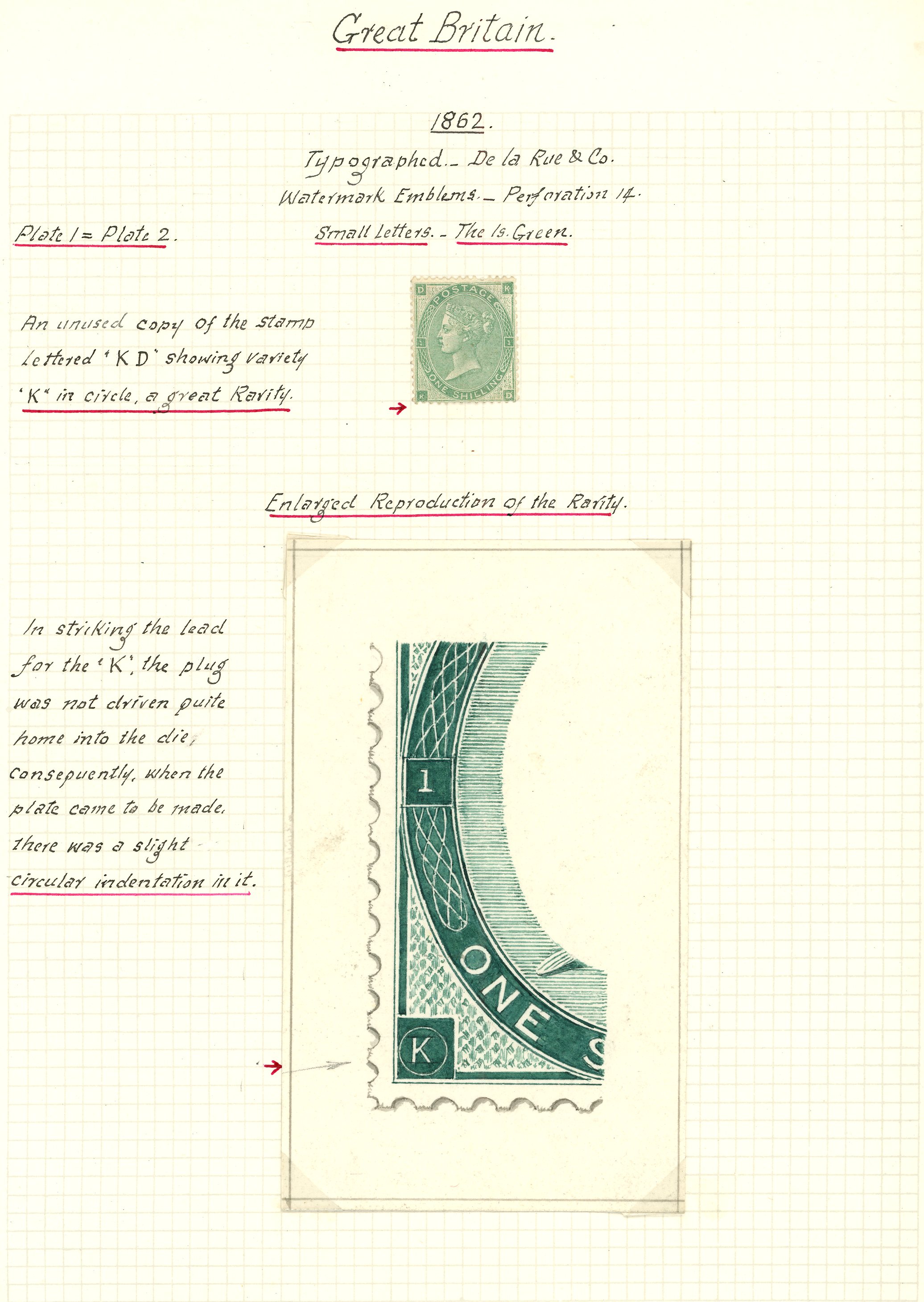 1862 1/- green Plate 1=2 (KD)s showing variety ''K'' IN...