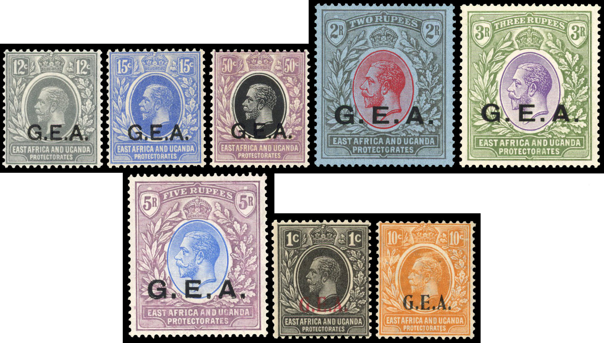 Tanganyika 1921 GEA set of 6 to 5r plus 5r block of 4