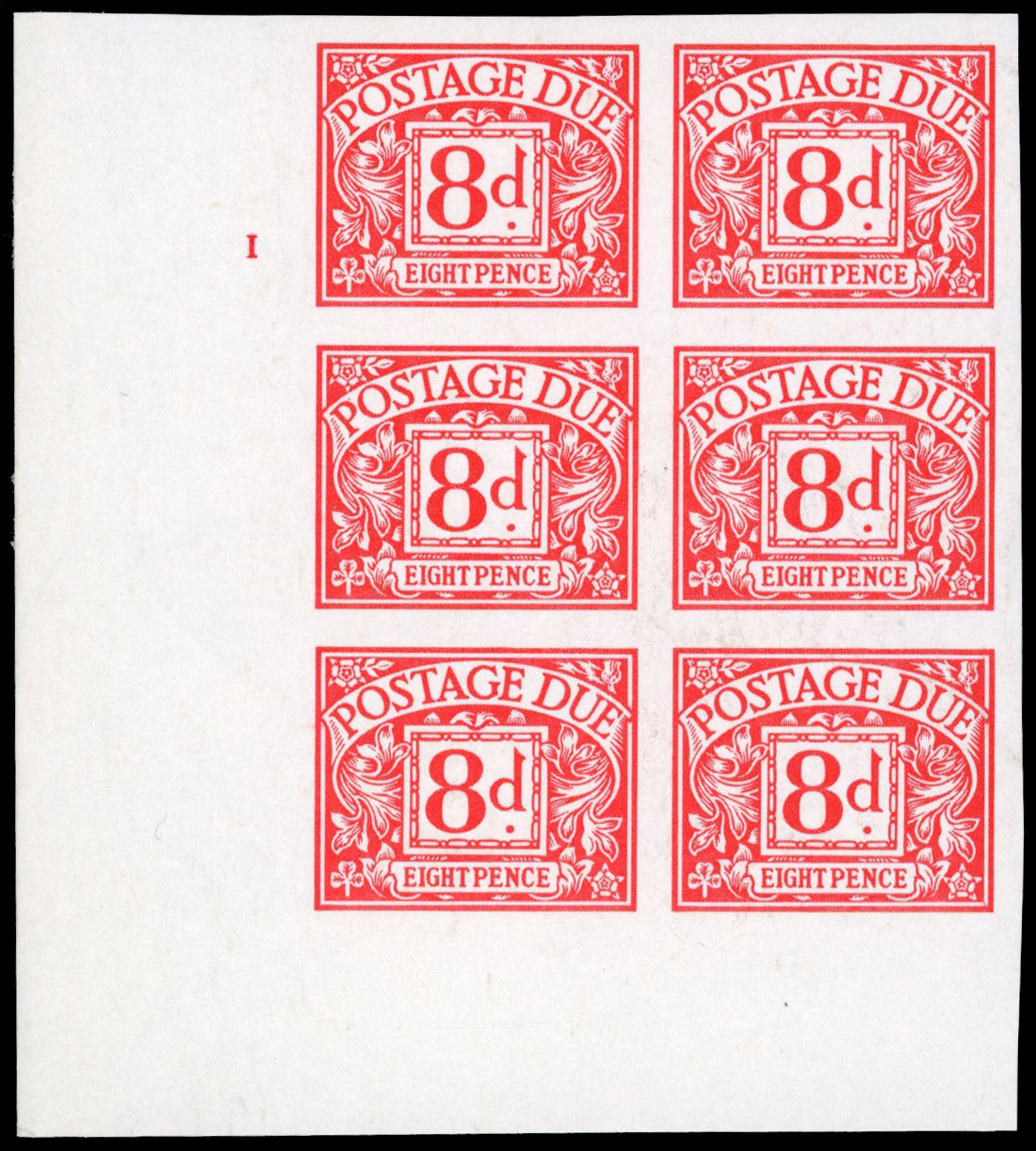 Great Britain 1968 8d Red "Postage Dues", Cylinder Block of Six, BPMA Imprimatur, SG D76
