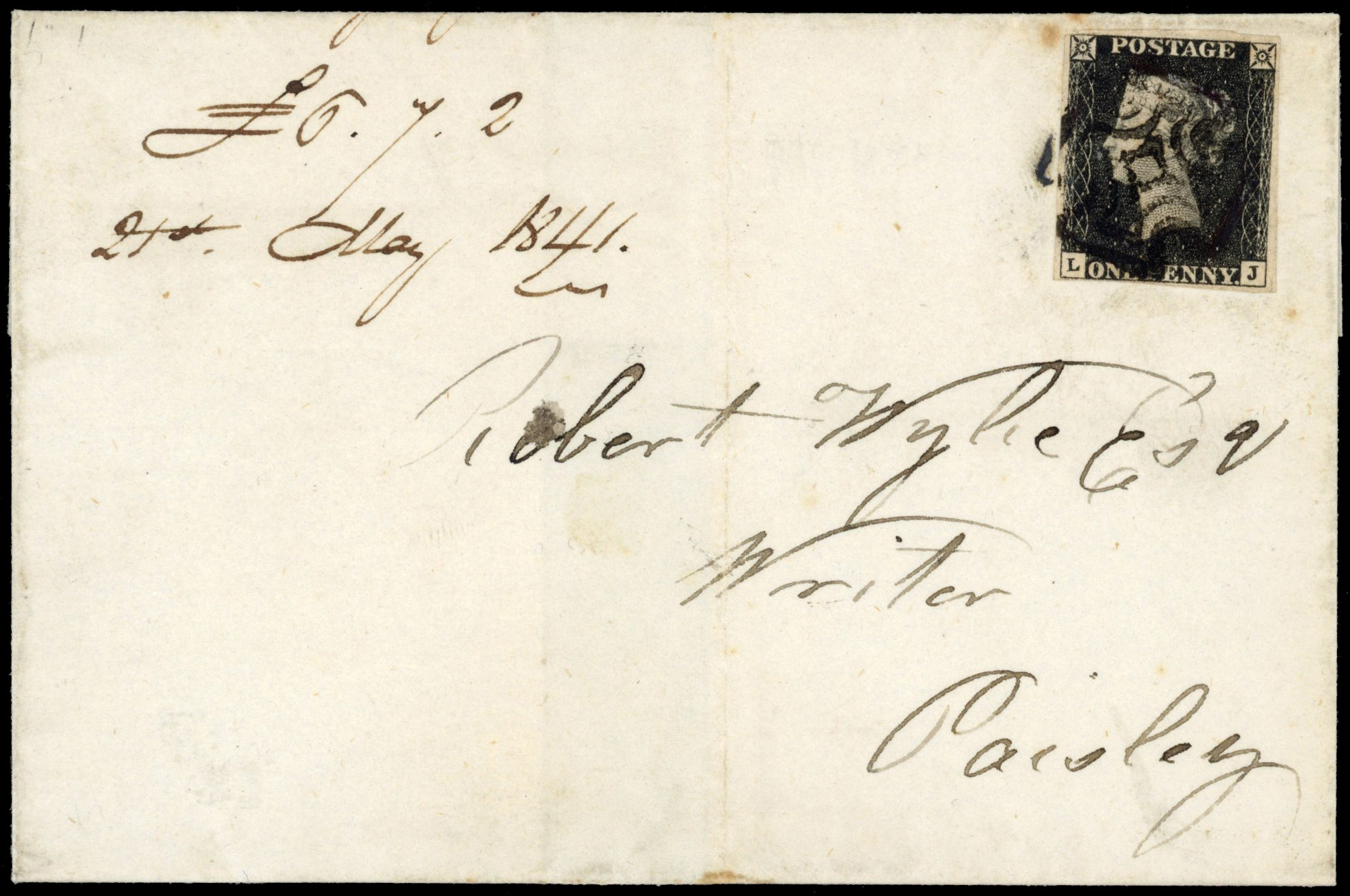 GB: POSTAL HISTORY: 1840 1d black, plate 4 (LJ), just touched at top to good margins, on cover to Paisley