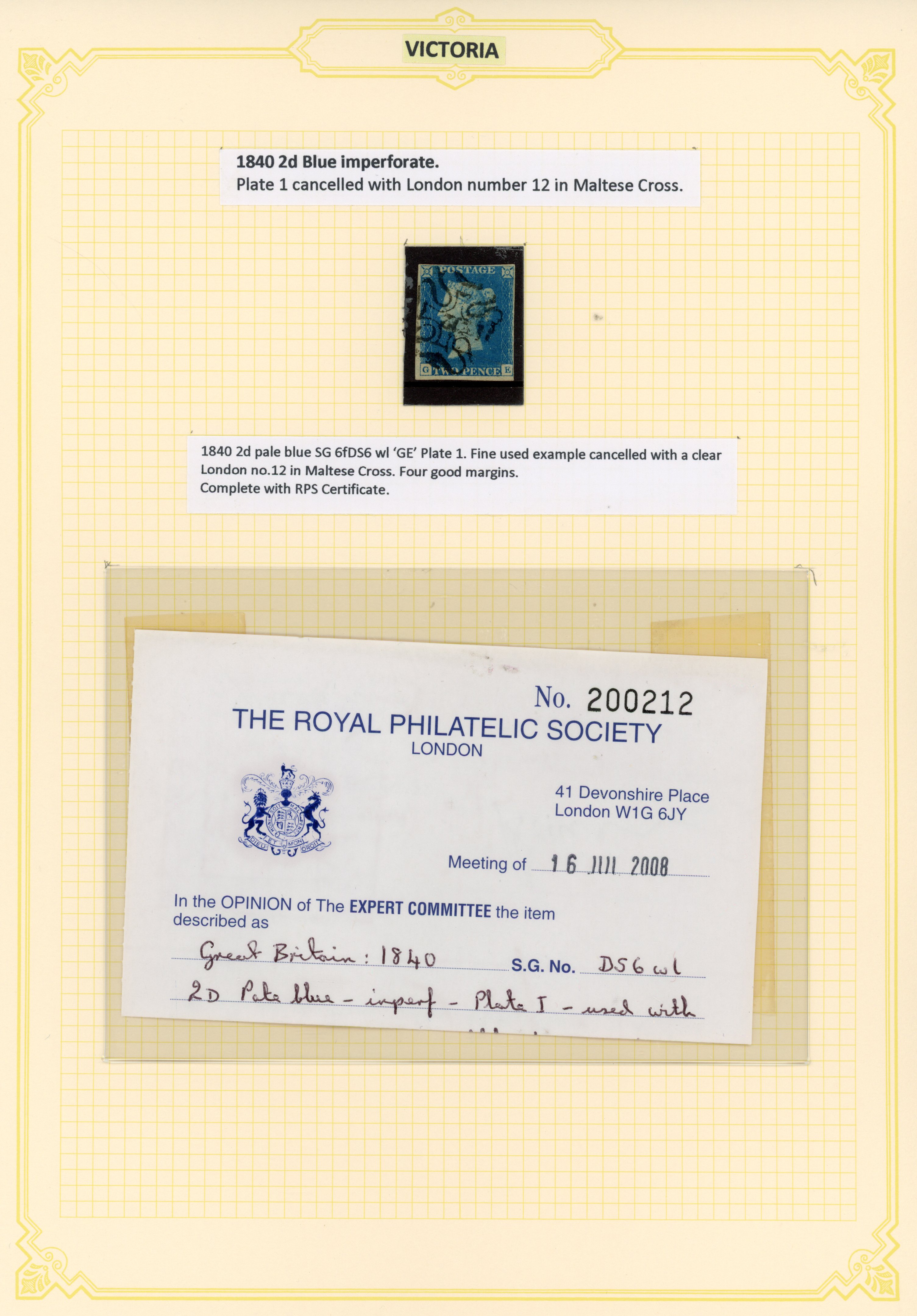 1840 2d blue, plate 1 (GE), with close to good margins, cancelled with ‘12’ in Maltese Cross