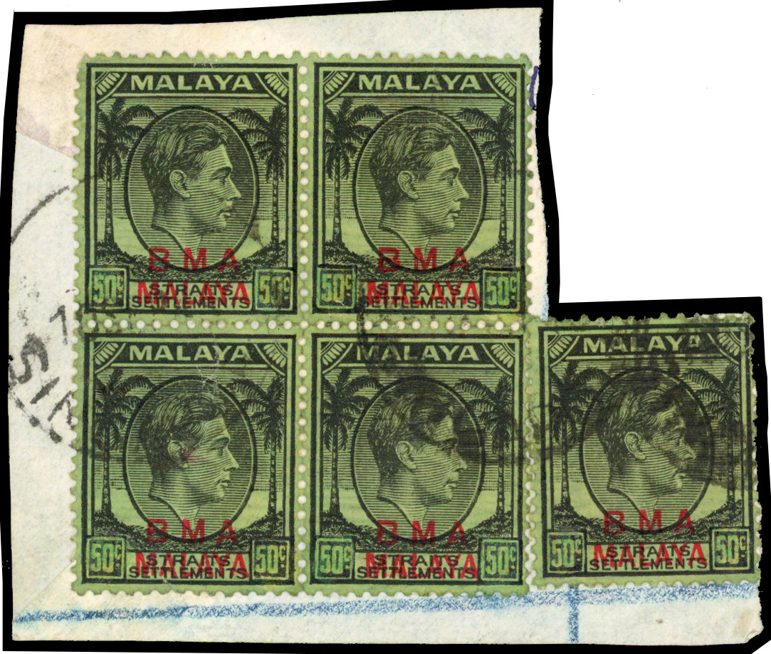 Malaya BMA Postal forgeries on piece