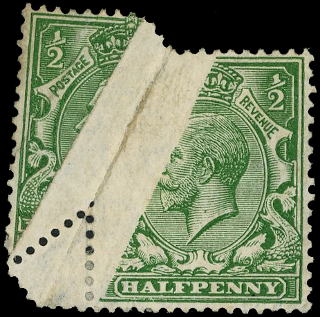 GB: 1912-24 ½d green with pre-printing diagonal paper fold creating a most unusual variety, part o.g. SG 351var