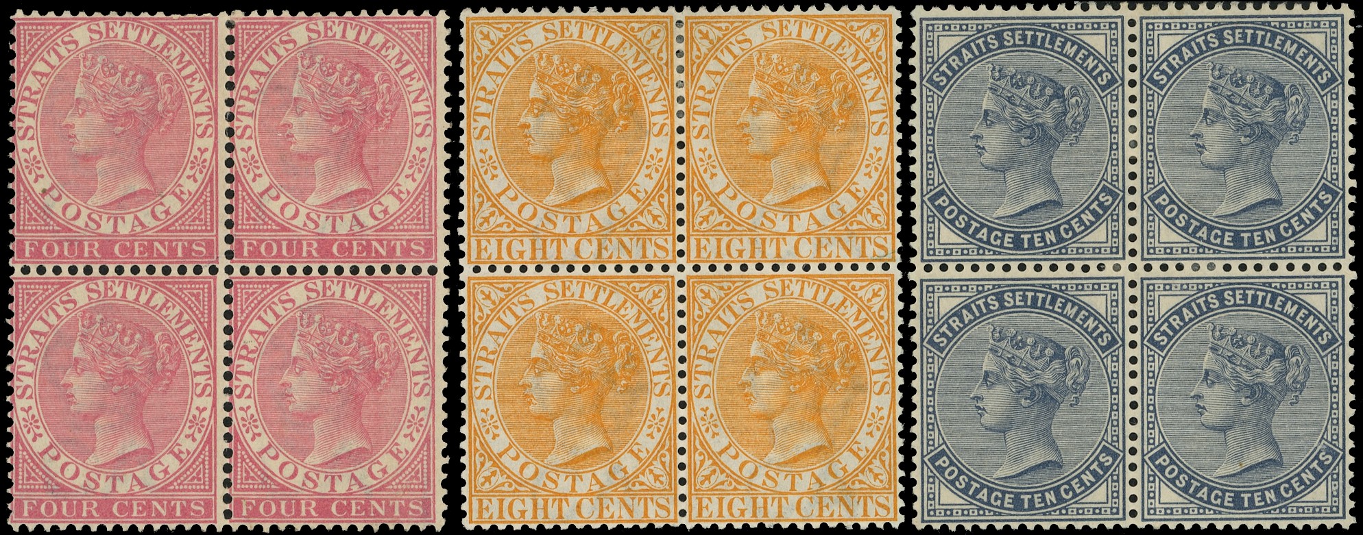 1882 4c rose, 8c orange and 10c slate watermark Crown CA blocks of four o.g., upper pair in each with several...