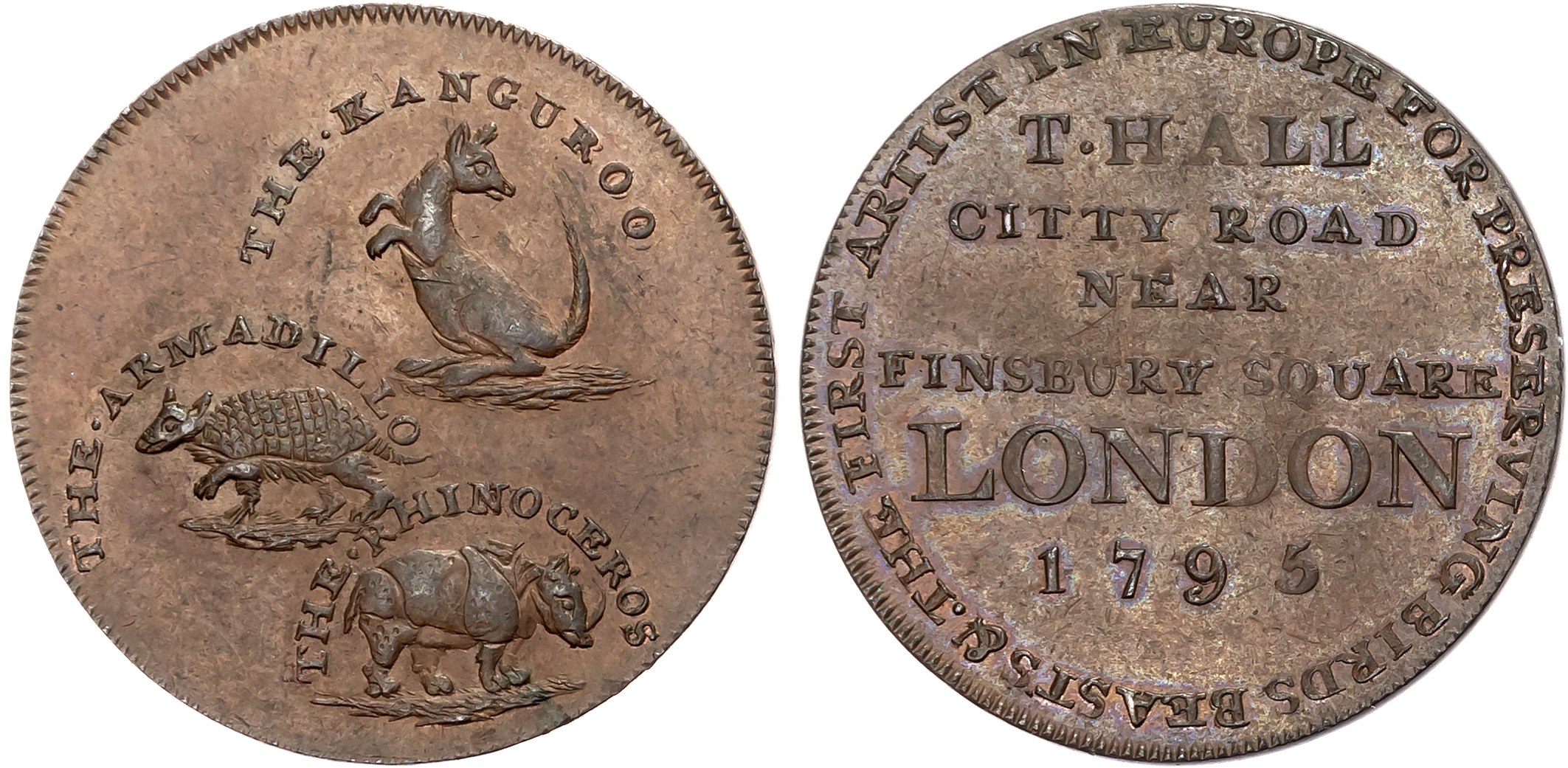 Fis London – City Road, Thomas Hall (taxidermist, and ‘curiosities’ exhibition proprietor) Halfpenny 1795, Kangaroo, rhi …