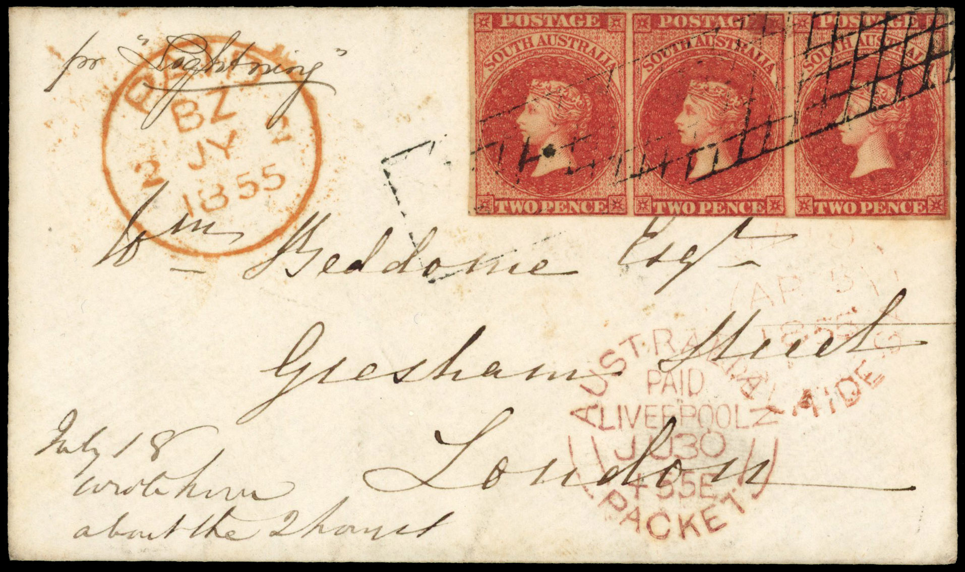 South Australia SG2 2d 'rose-carmine' 1855 on cover to UK 