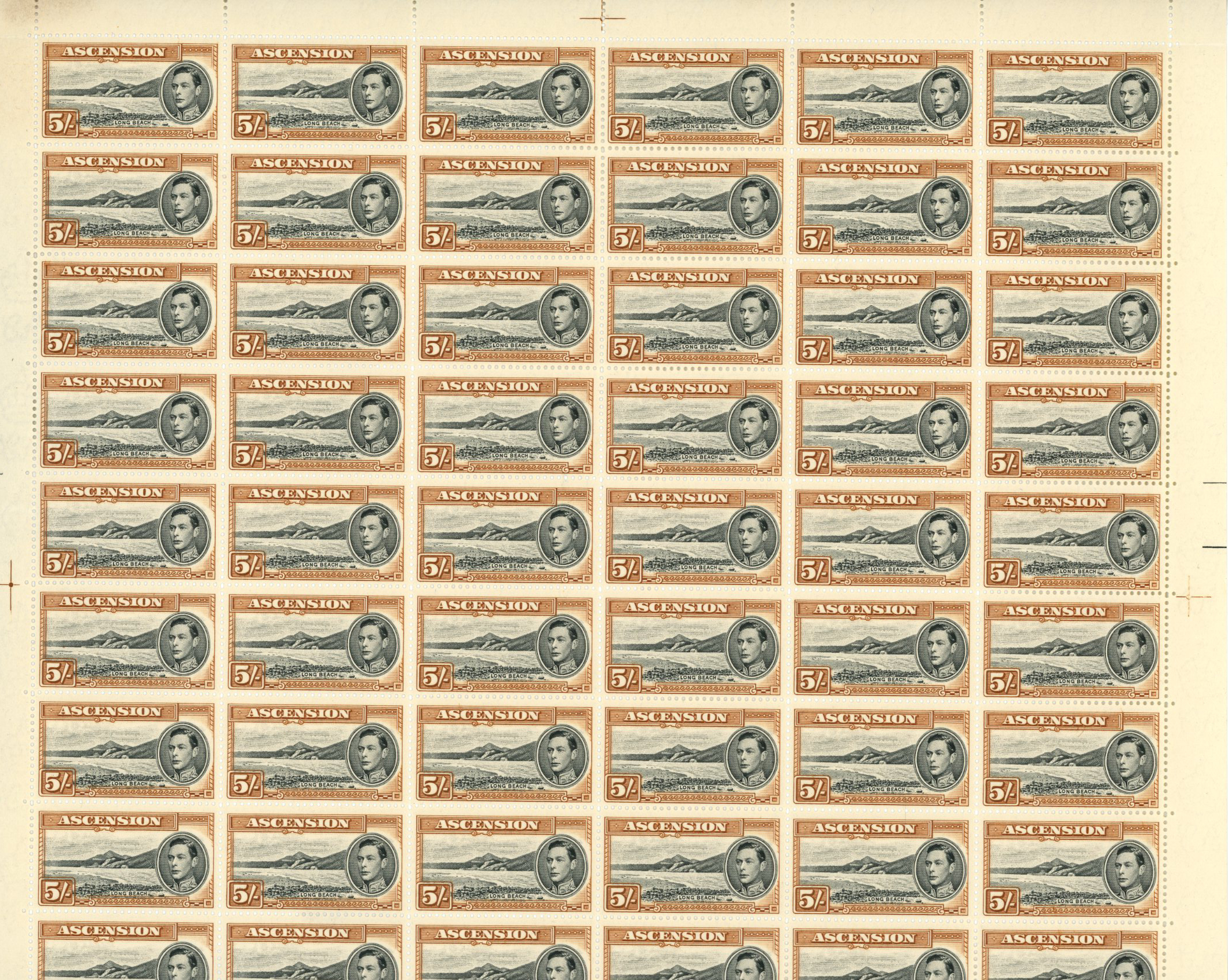 Ascension 1938-53 5s black and yellow-brown 1944 ptg complete sheet, SG 46a