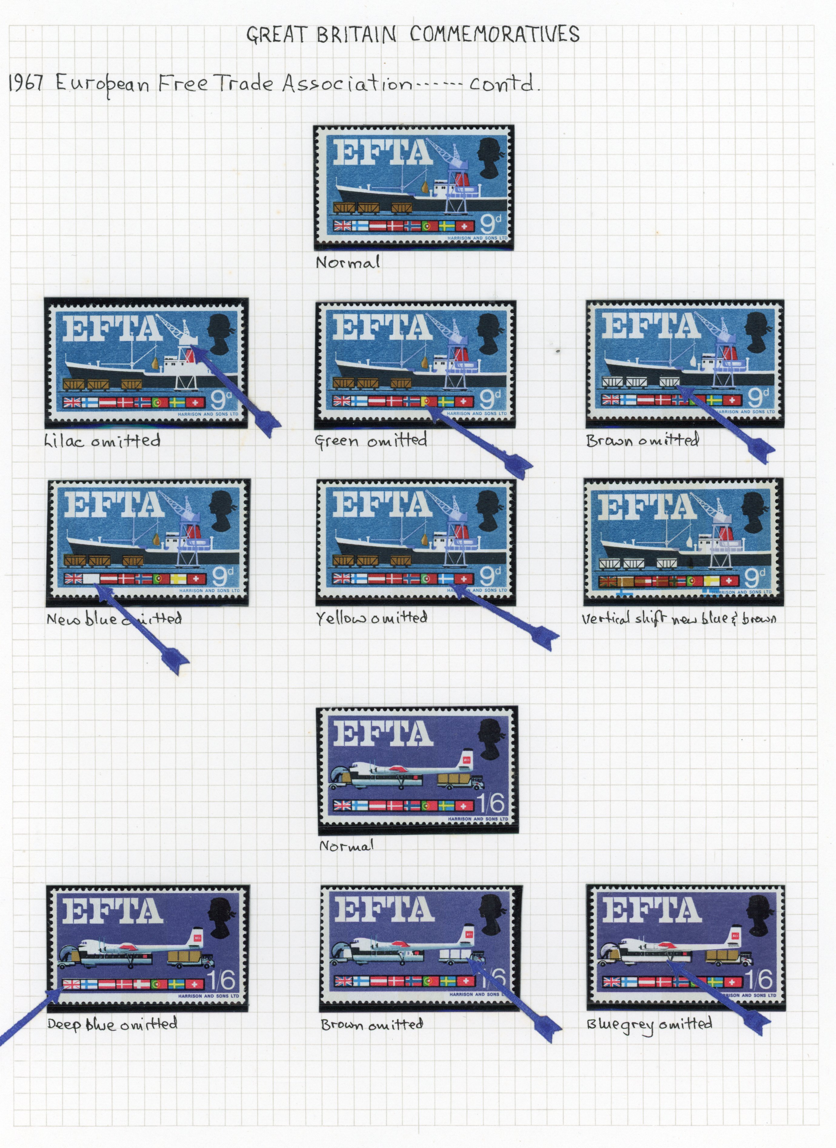 GB: 1967 EFTA ordinary on album leaves including varieties 9d lilac omitted, 9d green omitted, 9d brown omitted, phosphor 
