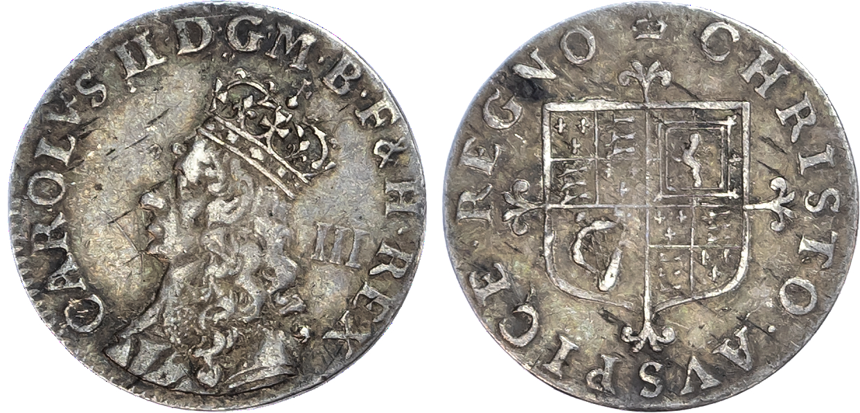 Charles II silver threepence (S 3385), George II silver sixpence 1757 (S 3711)….(6).