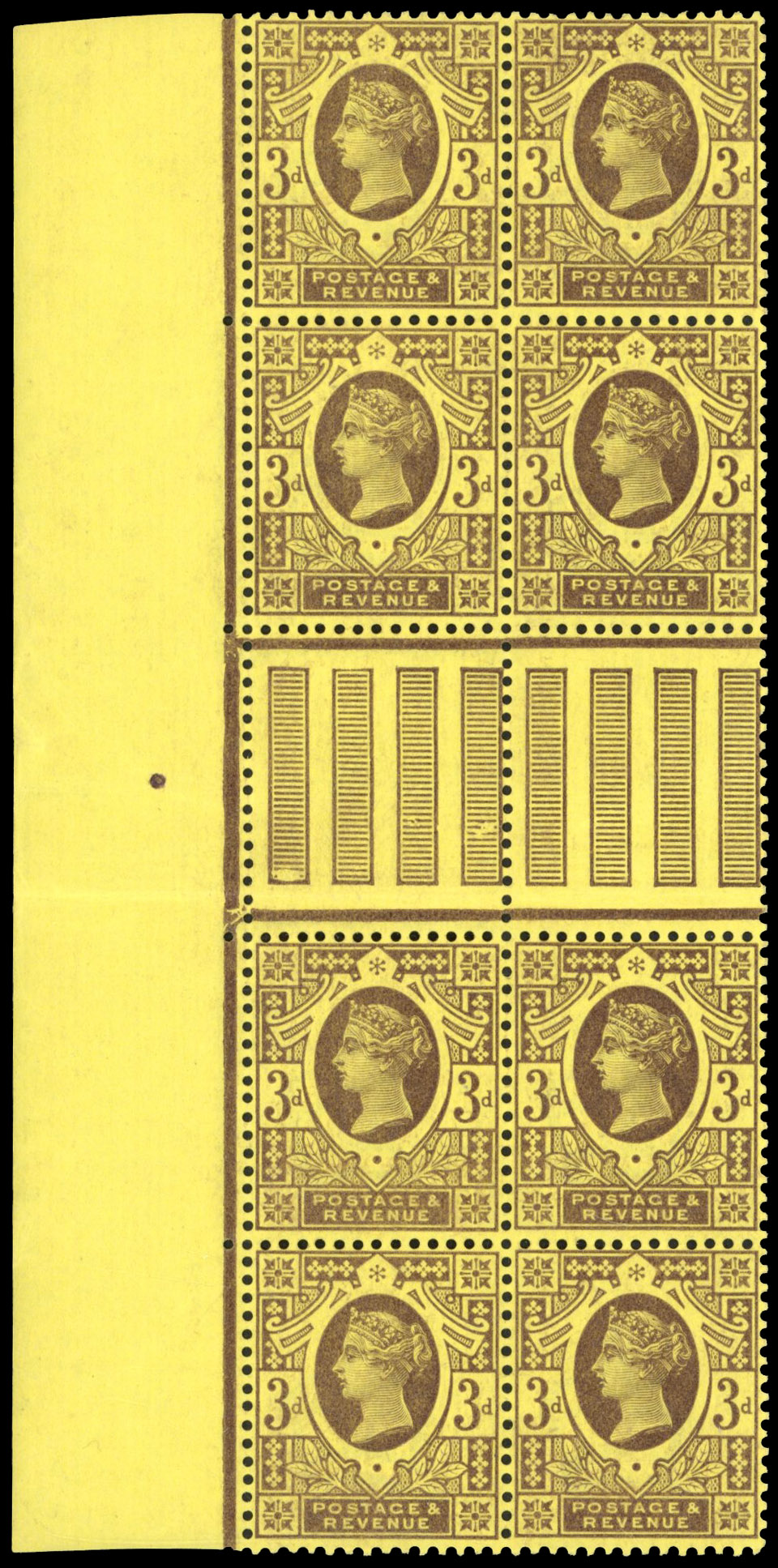 GB 1887-92 3d deep purple on yellow paper, interpane block of eight, setting 3, SG 203