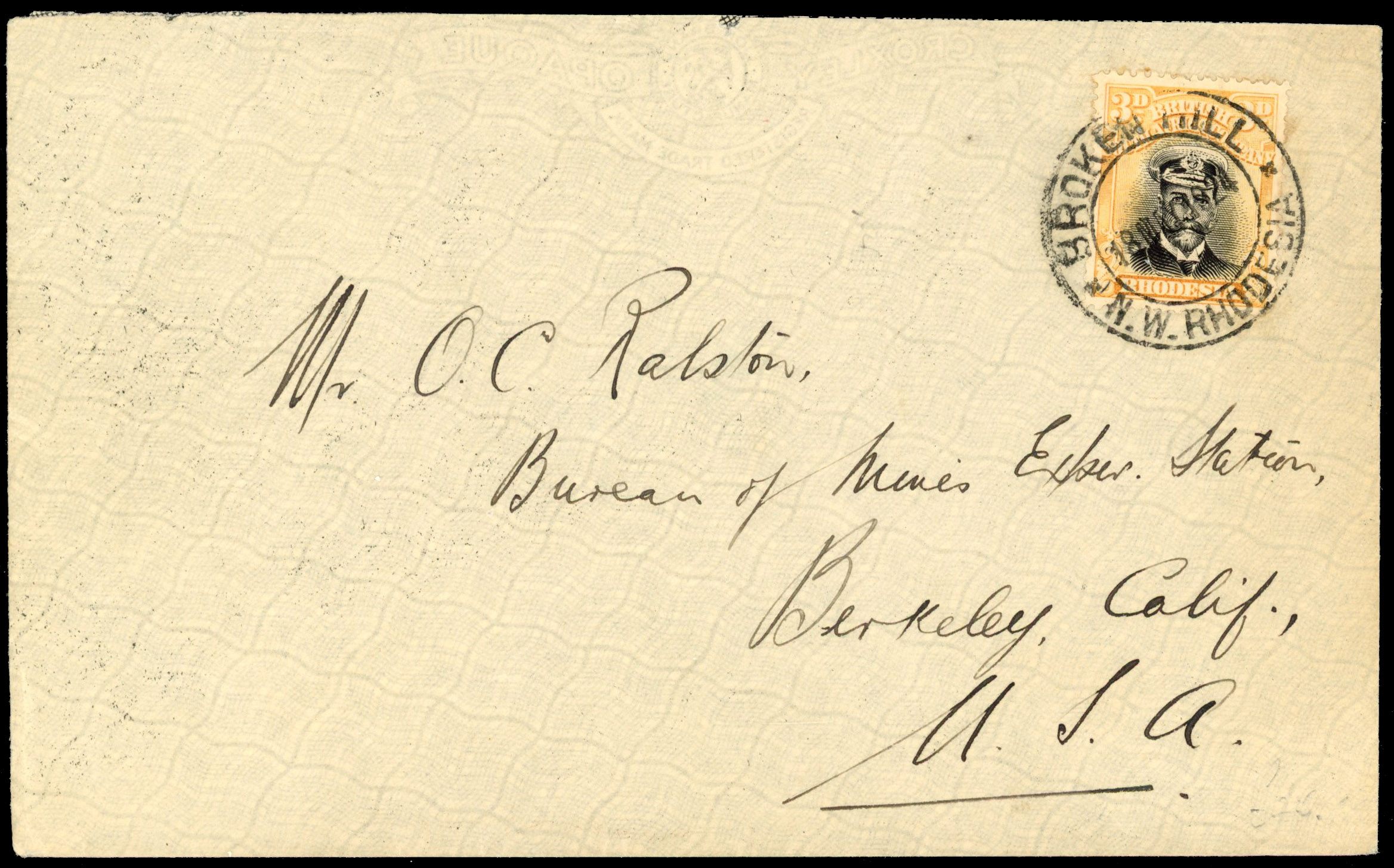 Rhodesia 1924 cover to USA with Admiral 3d