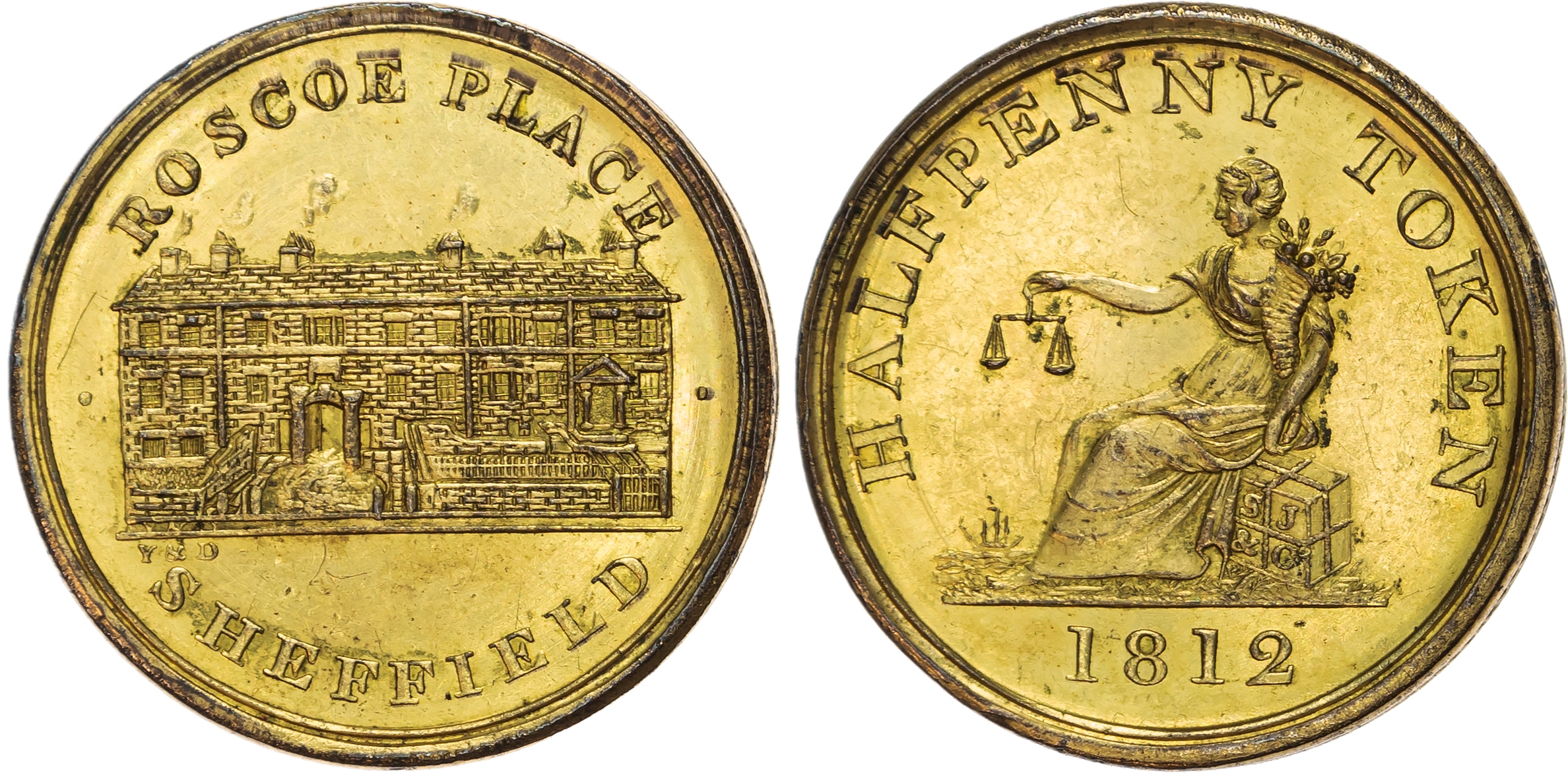 SHEFFIELD, Yorks. Shaw Jobson & Co, Copper-gilt Halfpenny 1812, View of factory buildings at Roscoe Place, rev…
