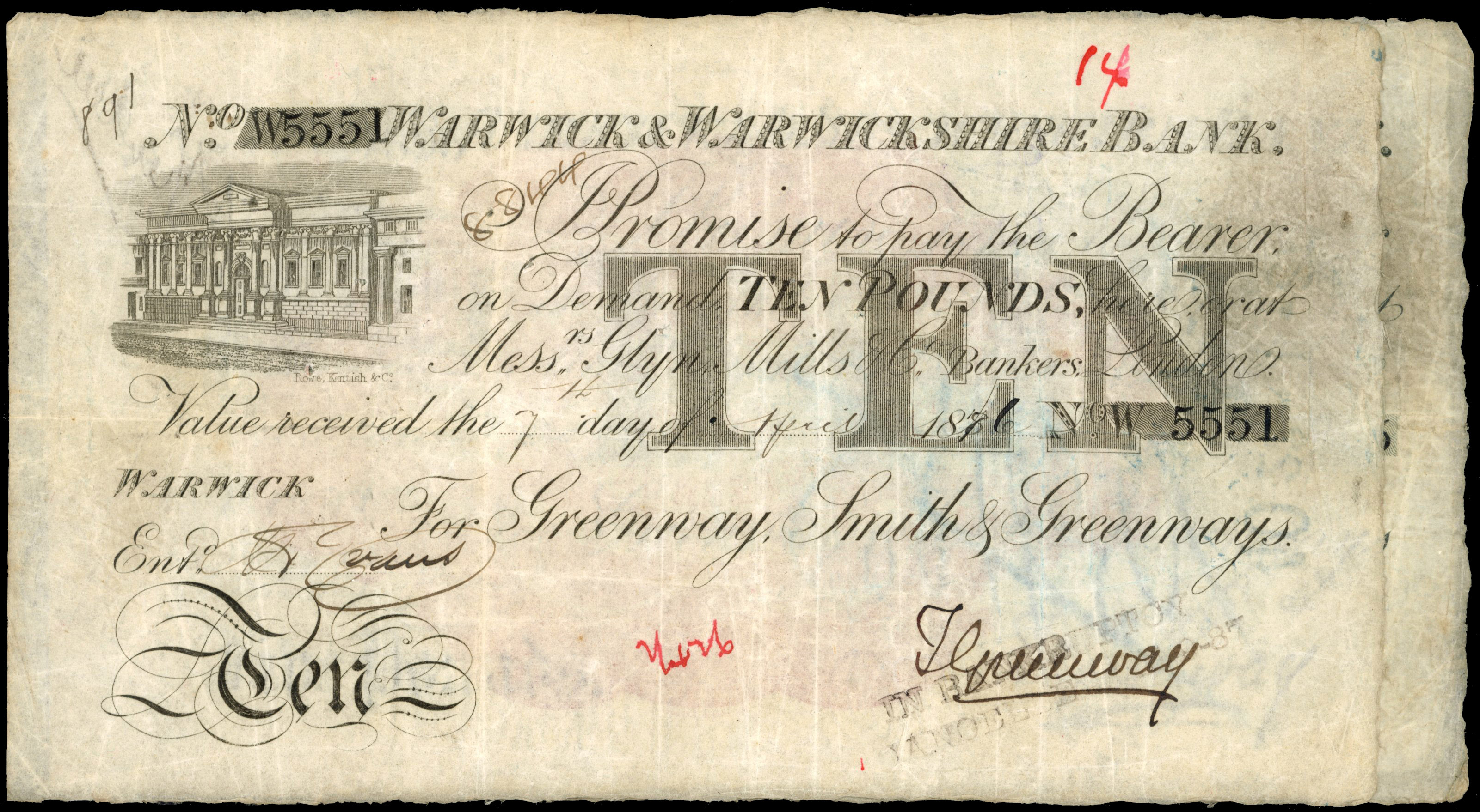 WARWICK, Warwick & Warwickshire Bank, for Greenway, Smith & Greenways, £10.,and £5.,7 Apr 1886 and 4 Apr 1885,…