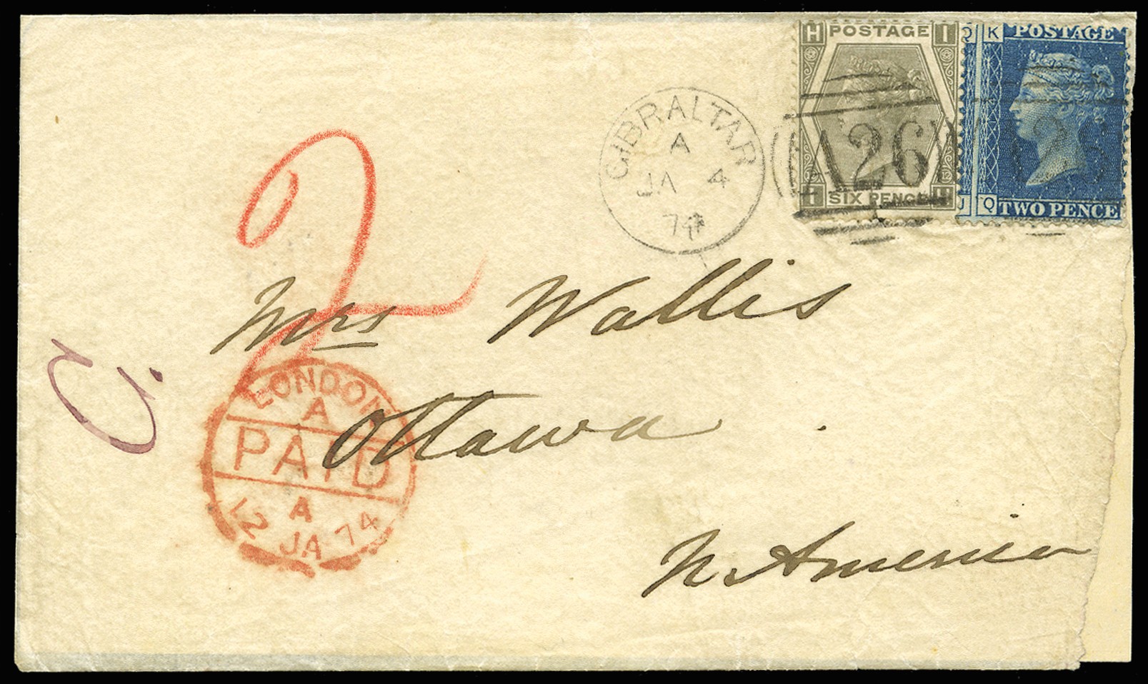 1874 (JA 4) cover from Gibraltar to Ottawa,...