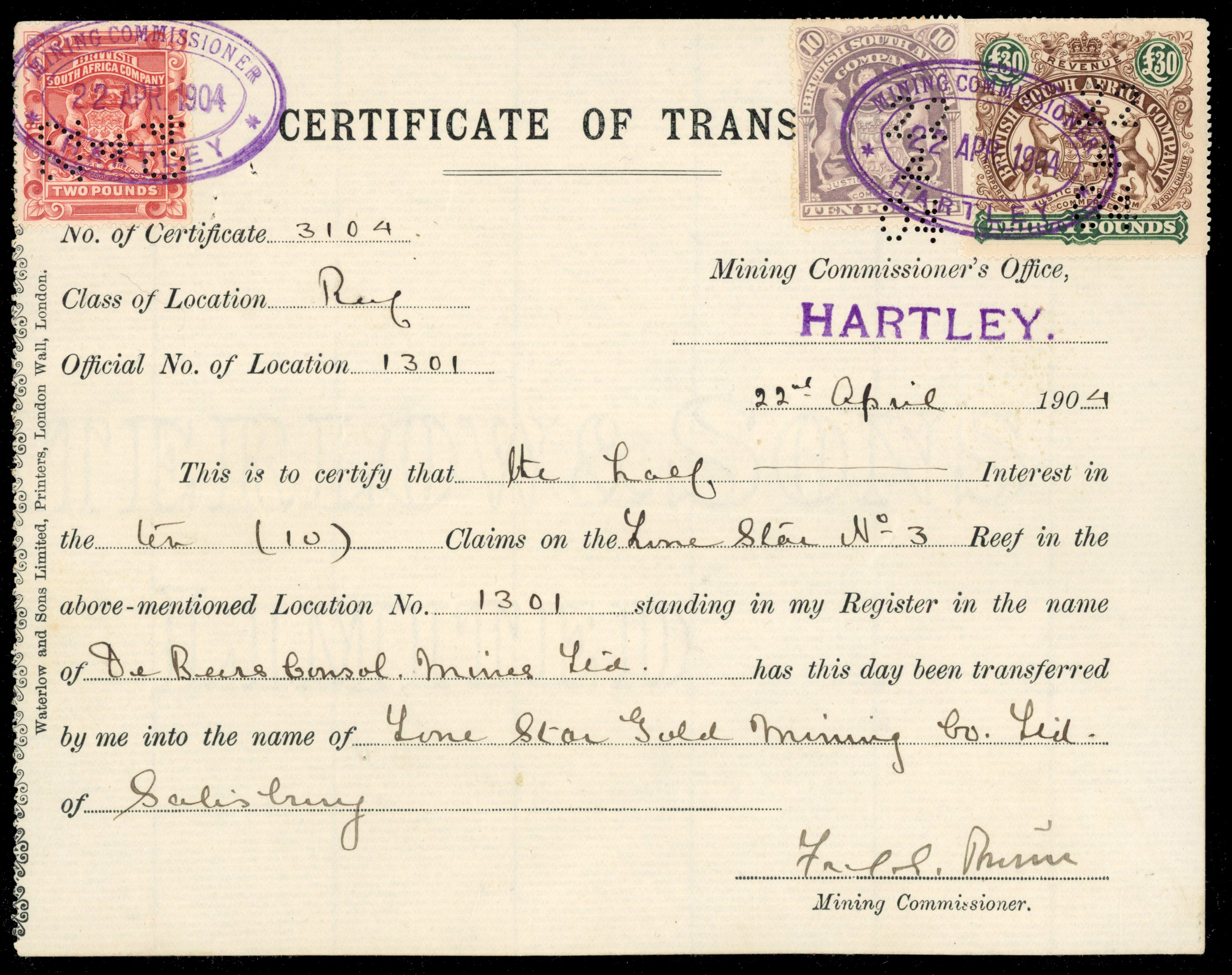 Rhodesia SG 74, 93 on document with £30 brown and green