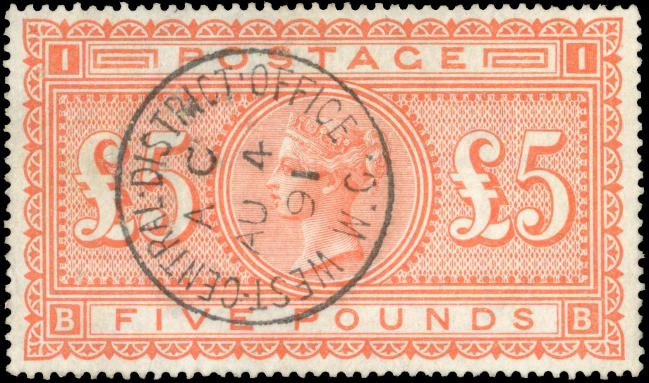 GB SG 137 1867-83 £5 orange white paper neatly cancelled