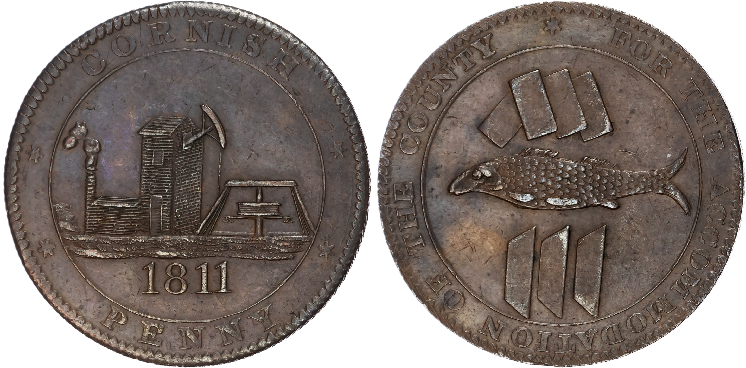 Cornwall, general circulation within the county Penny 1811, Pumping engine to a copper mine with hooks, rev. a…