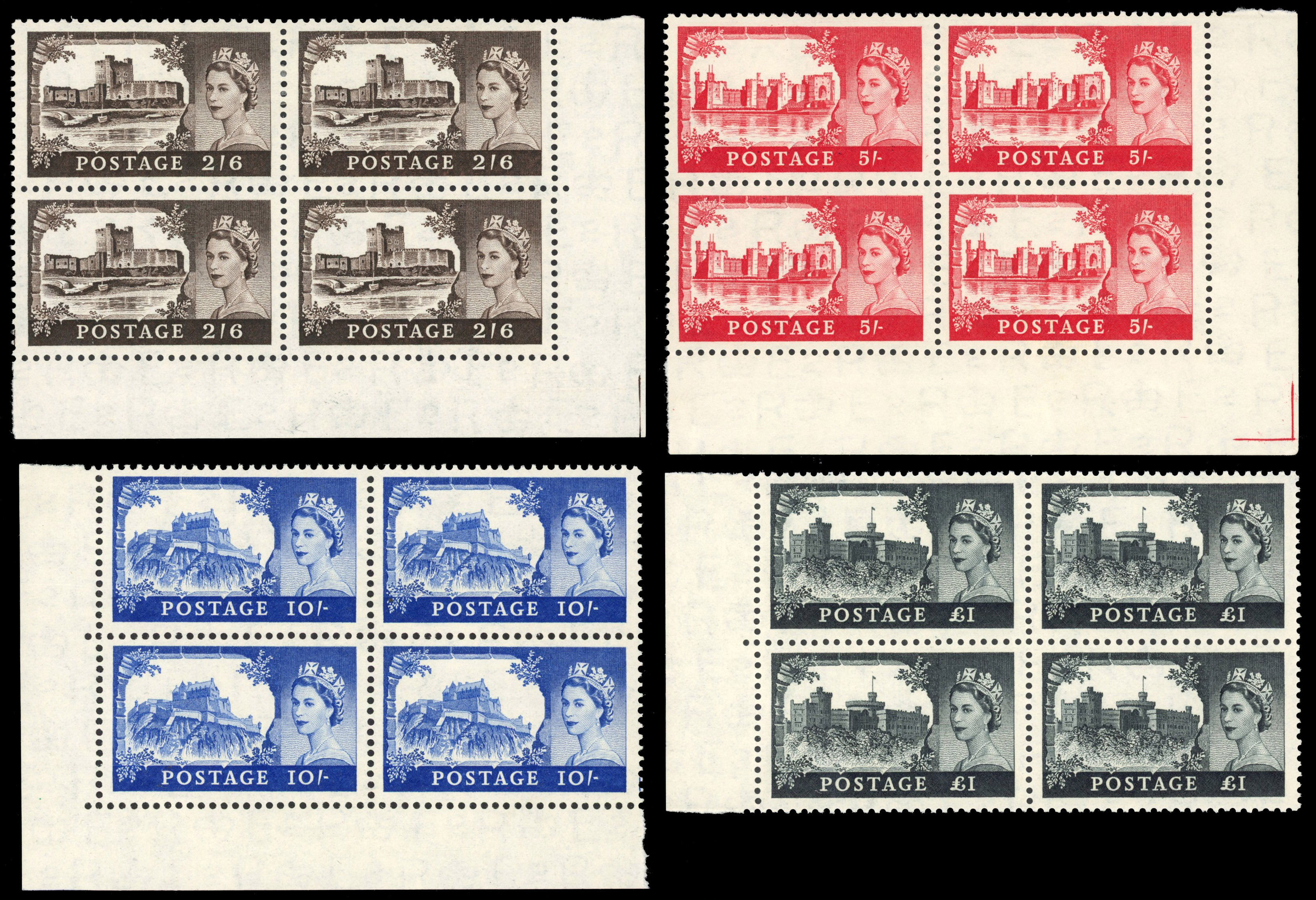 1955-58 Waterlow high values set blocks of 4 large to full o.g.
