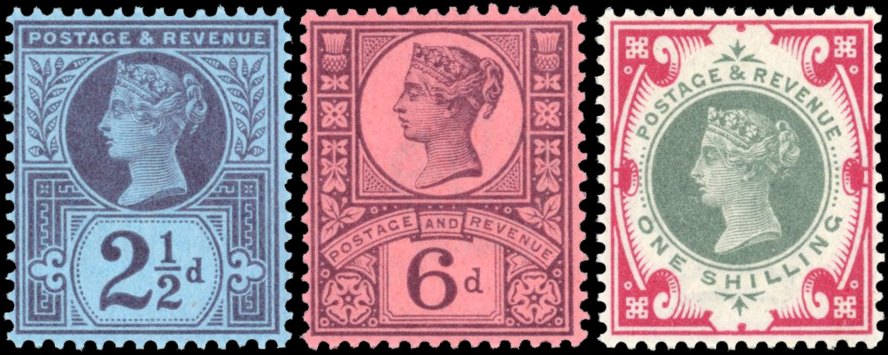 GB: 1887-1900 2½d purple on blue, 6d purple on rose-red and 1s green and carmine; all mint unmounted og