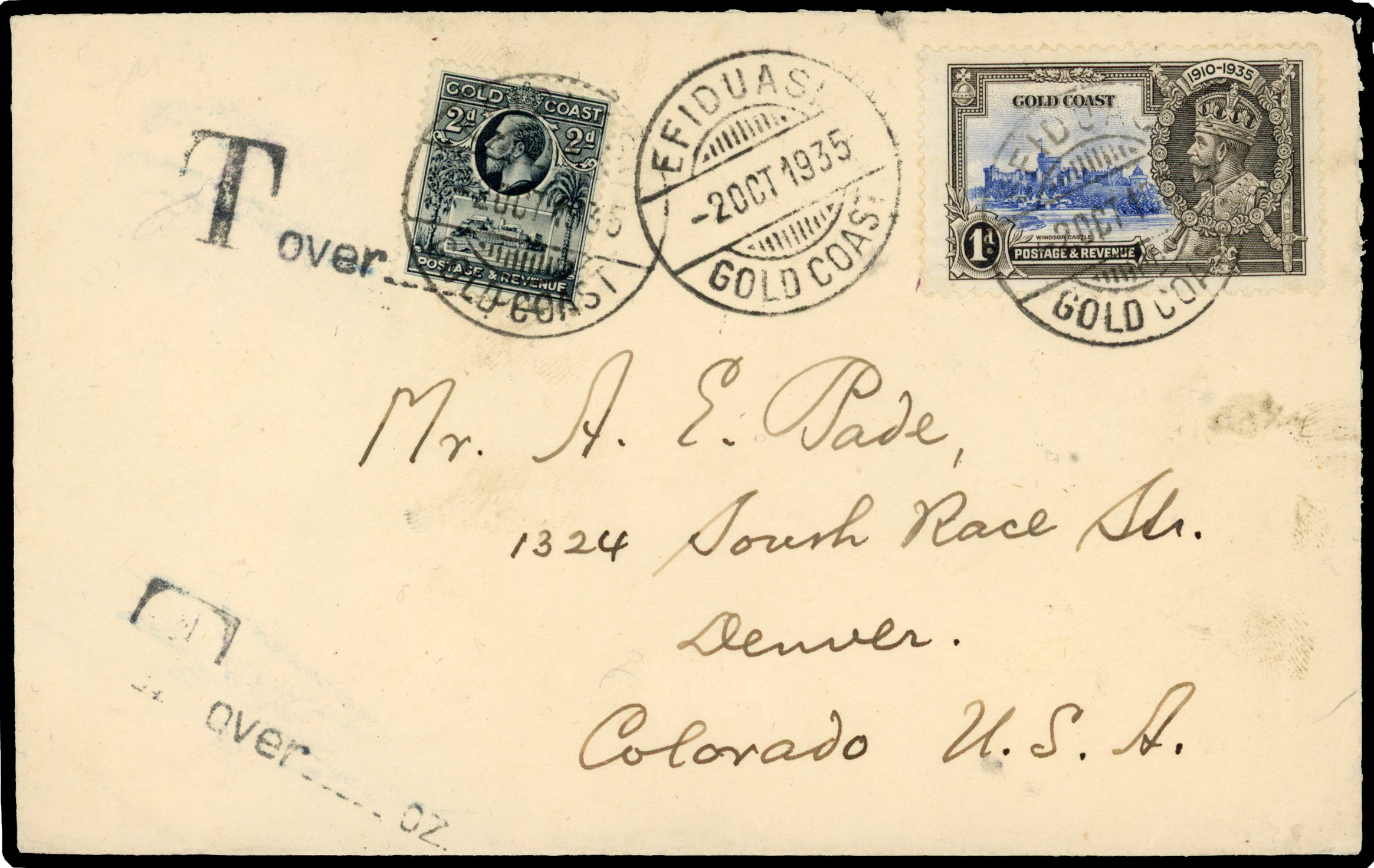 1935 cover to USA franked 1d Silver Jubilee tied by ‘EFIDUASI/GOLD COAST/2 OCT 1935’ cds. ADDED TO R2000893/50