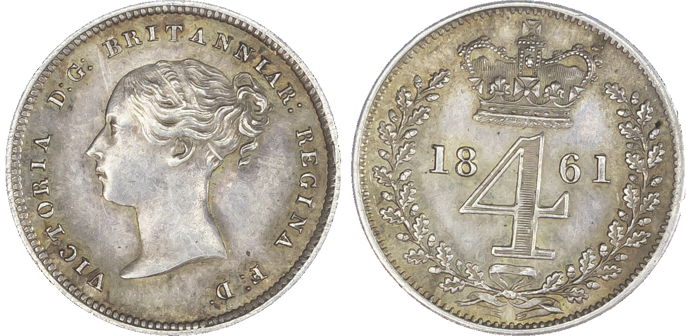 Victoria (1837-1901), Maundy set, 1861, Four, Three, Two and One Pence, young head left, legend and toothed border